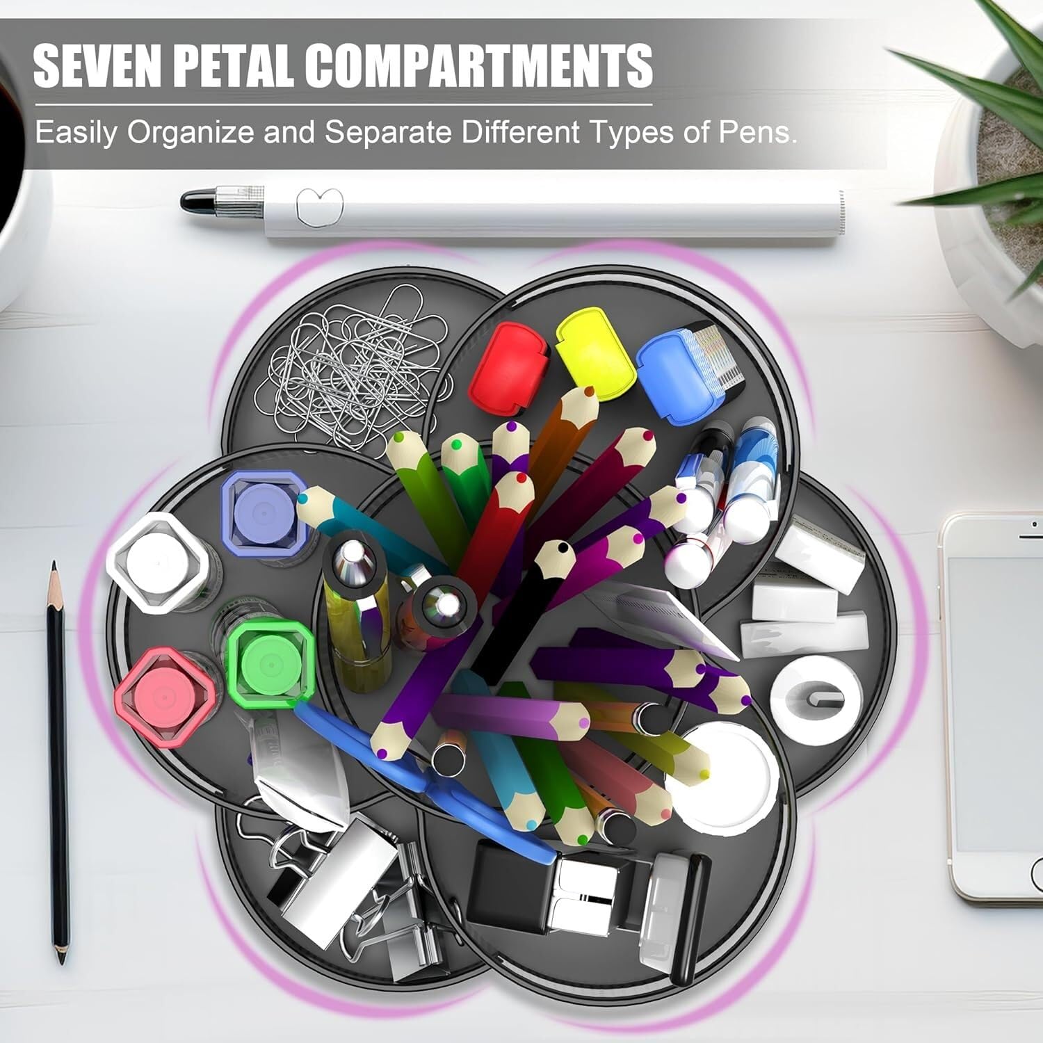 Biurko Organizator Obrotowy Organizer Na Biurko O 360° Do Pisaka Wymazywalny Metalowy Uchwyt Pędzle Makijażu Biuro(White)