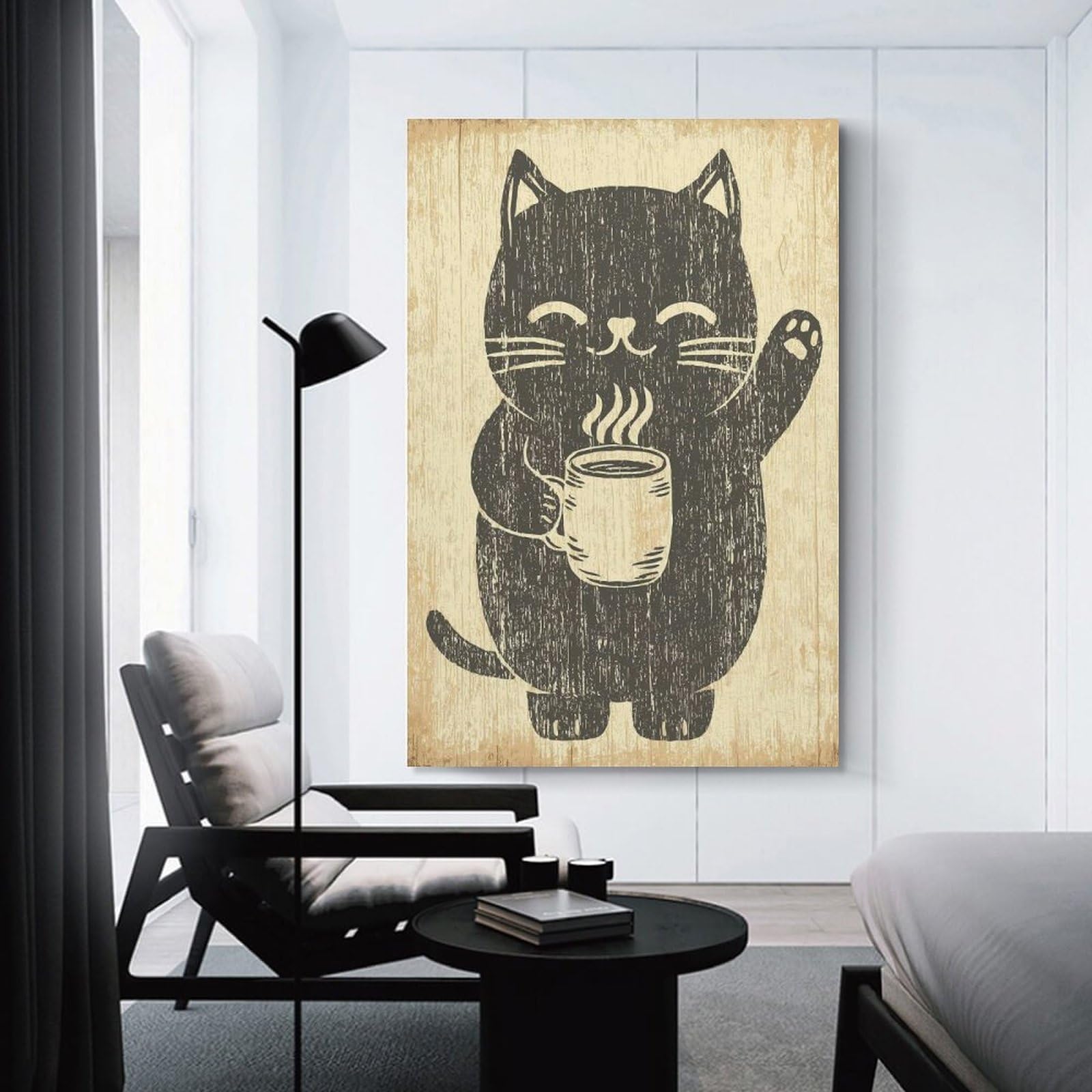 Junmoney Cat with Coffee Cup Illustration Hanging Wall Art, 20x30inch(50x75cm), for Home Walls, Creative Rooms Or Shared Spaces, A Flexible Wall Accent for Shared Spaces
