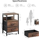 Table de chevet côté nuit Chambre - Table de chevet avec borne de recharge, Table de lit avec étagère de rangement & 2 Tiroirs de tissu pour chambre, table de fin avec ports U-S-B & AC Les sorties, Tan