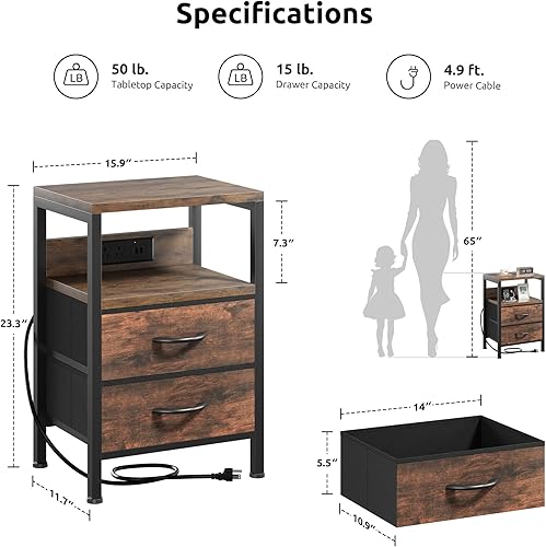Miniatura 2 de Mesita de noche de carga para dormitorio, mesita de noche marrón con estación de carga, moderna mesa auxiliar de cama con estante abierto y 2