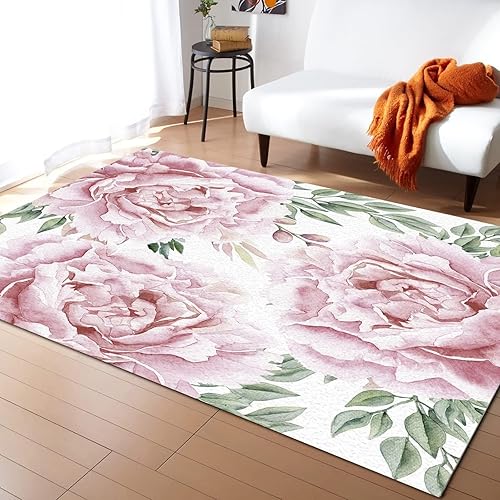 Hermosa alfombra de dormitorio con flores de peonía rosa floreciente, moderna, minimalista y elegante, alfombra para sala de estar, resistente a la