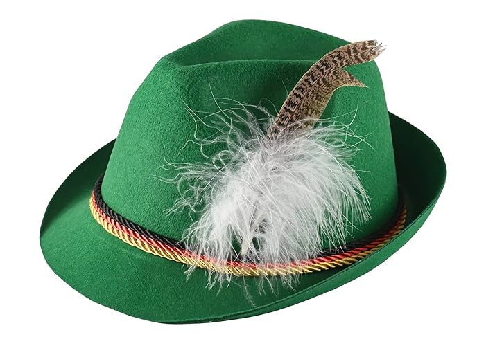 Skeleteen German Oktoberfest Alpine Fedora - Bavarian Swiss Green Traditional Trachten Felt Costume Hat with Feather for Kids and Adults G