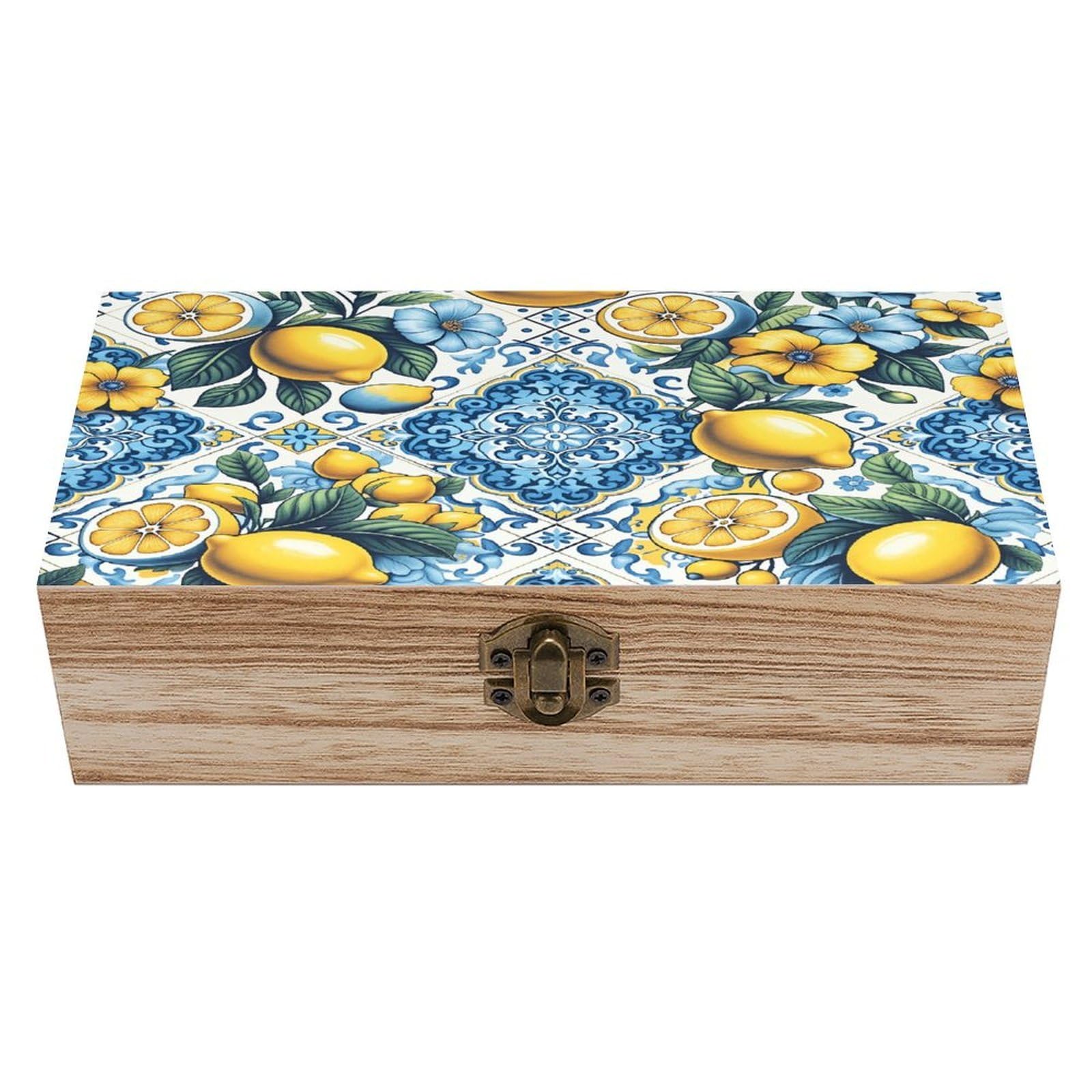 HLBSDM Lemon Floral Blue Vintage Wooden Keepsake Box with Hinged Lid And Locking Clasp, Decorative Storage Box for Jewelry, Trinkets And Small Accessories, Organizer for Home Or Wedding