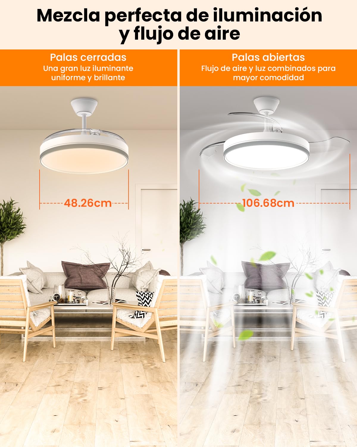 Airwit 106cm Ventilador de Techo con Luz Aspas Retráctiles, 69W Lampara Ventilador Techo Silencioso con Mando y DC Motor para Dormitorio, Salon, Cocina, Temporizador (Blanco)
