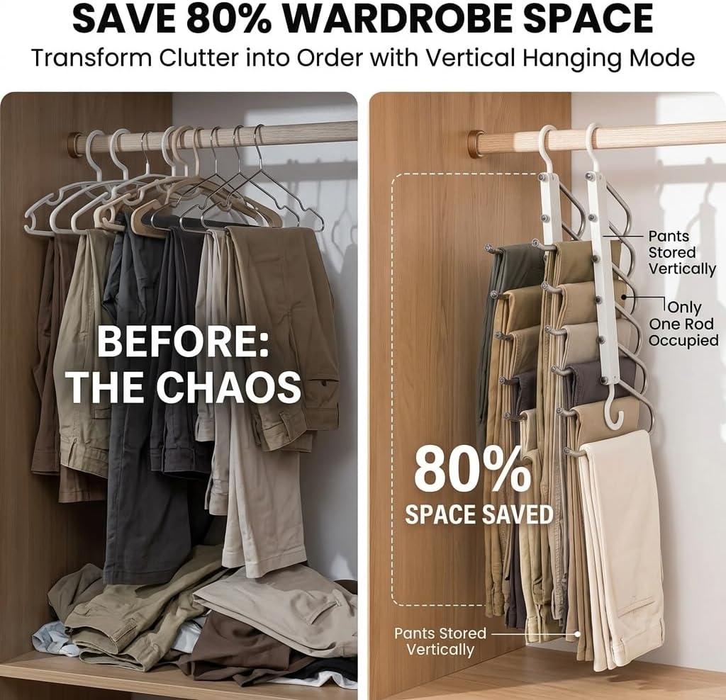 Sakerplus Pants Hangers 6-Layer Foldable Trouser Rack, Space Saving Closet Organizer, Non-Slip Clothes Hangers for Pants, Multi-Functional Hanging Closet Organizer for Closet Organization (2)