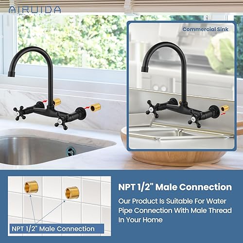 Miniatura 3 de Airuida Grifo de latón negro mate de montaje en pared con doble mango y adaptador ajustable