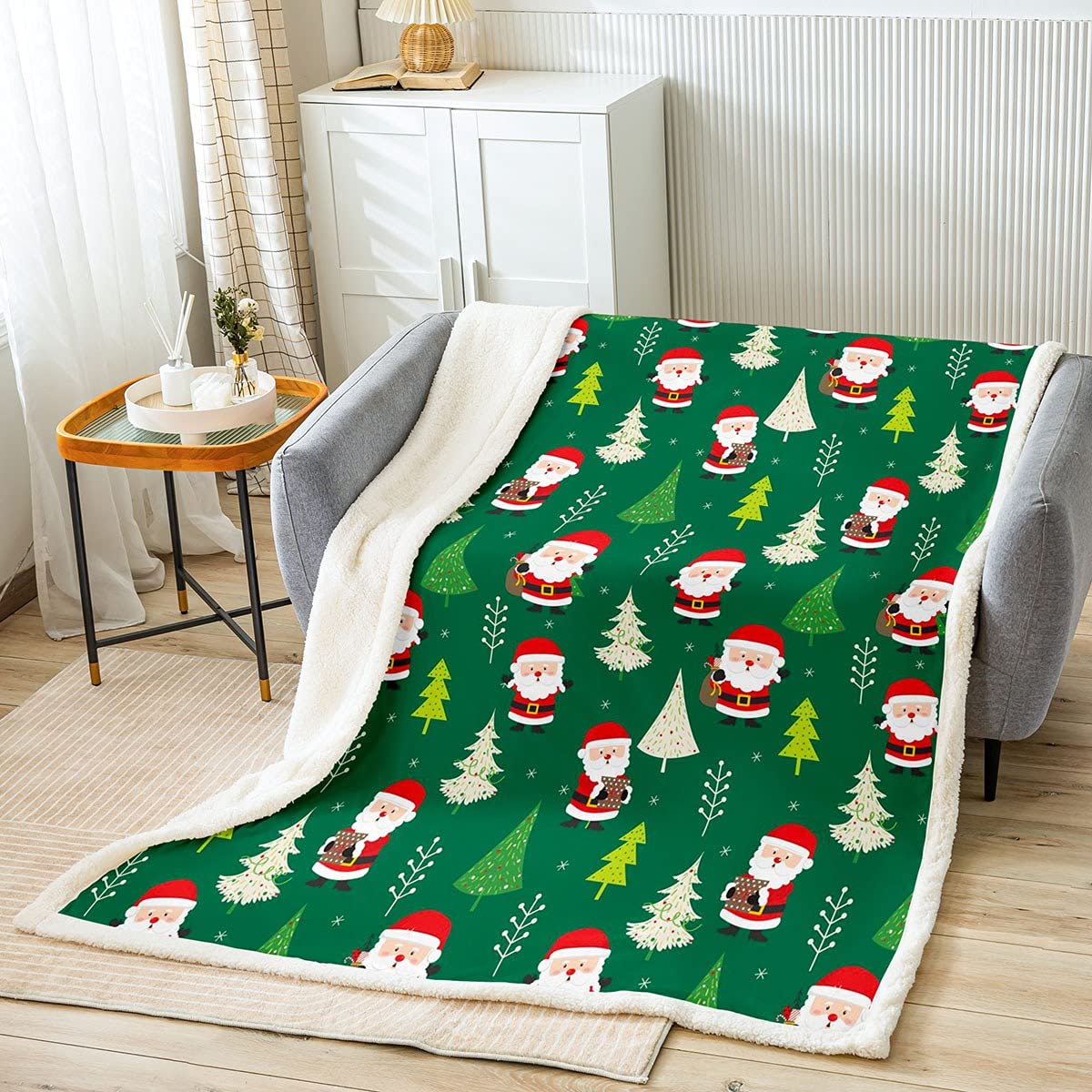 Loussiesd Kids Cute Christmas Tree Throw Blanket Cartoon Snata Claus Fleece Blanket for Bed Sofa Kawaii Xmas Santa Snowflake Sherpa Blanket Green Flannel Bedroom Baby 30x40 Inch