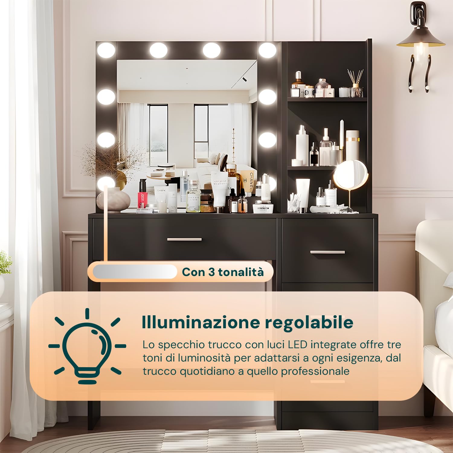 Avilia - Postazione Trucco con Specchio Trucco con Luci LED – 12 Lampadine, 3 Tonalità, 4 Cassetti, 3 Ripiani | Scrivania Trucco con Specchio, MDF, H140×L94×P40 cm, Multiuso Studio e Make-Up