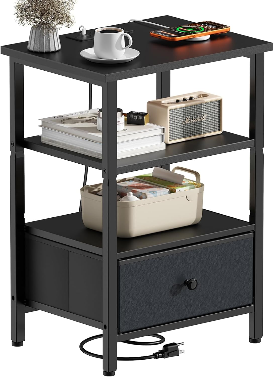 Side Table with Charging Station, Nightstand with Adjustable Fabric Drawer, Bedside Table for Bedrooms, Living Rooms & Home Decor (Black)