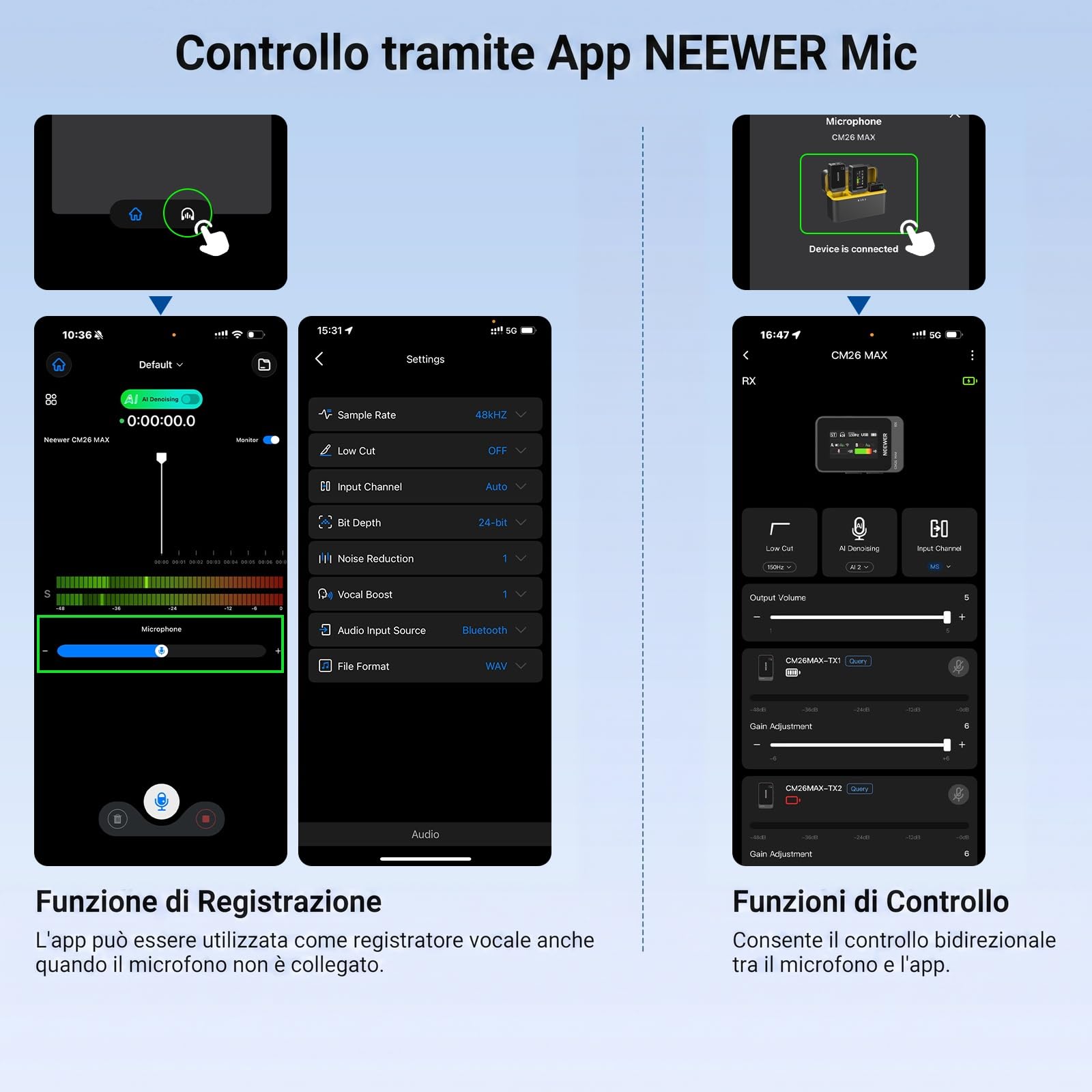 NEEWER CM 26 MAX Microfono Lavalier Wireless AI Compatibile con iPhone 17 16 15 Android Fotocamera PC, USB C Plug e Play, Controllo App, 2 Livelli di Anti Rumore, 50 Ore 120m,Certificazione Apple MFi