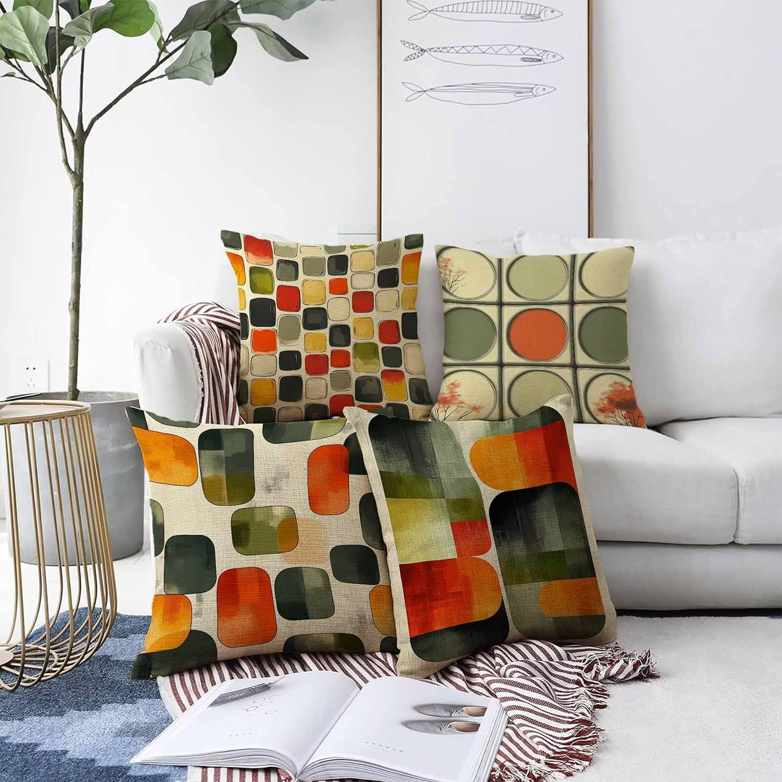 Coussin Canape Jaune Housse Coussin 65x65cm Lot de 4, GéOméTrie Coussin Exterieur Impermeable Carrée Lin Taie Oreiller Motifs Impression Recto Verso Conception Pour Décoration Maison Salon PjY3977 G-6