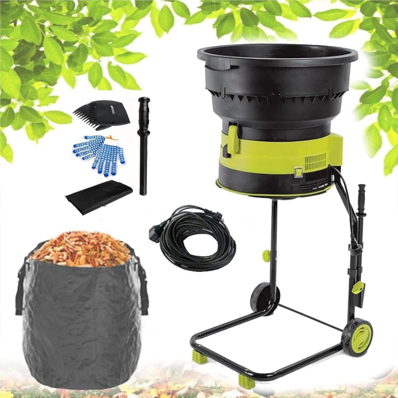 Broyeur de feuilles de jardin 2500 W, broyeur de feuilles électrique sans lames + pulvérisateur, broyeur électrique 8000 tr/min, déchiquetage jusqu'à 55 gallons de feuilles par minute, avec sac de