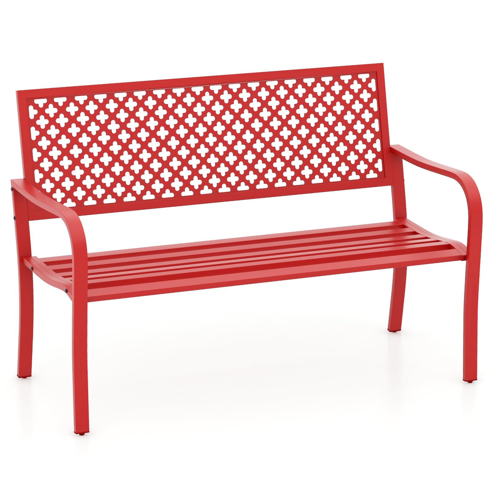 RELAX4LIFE Outdoor Garden Bench, 2-Seater Metal Patio Park Chair Slatted Seat with Hollow-out Backrest & Curved Armrests, Long Outdoor Furniture Leisure Loveseat (Red, 127 x 62 x 86cm)