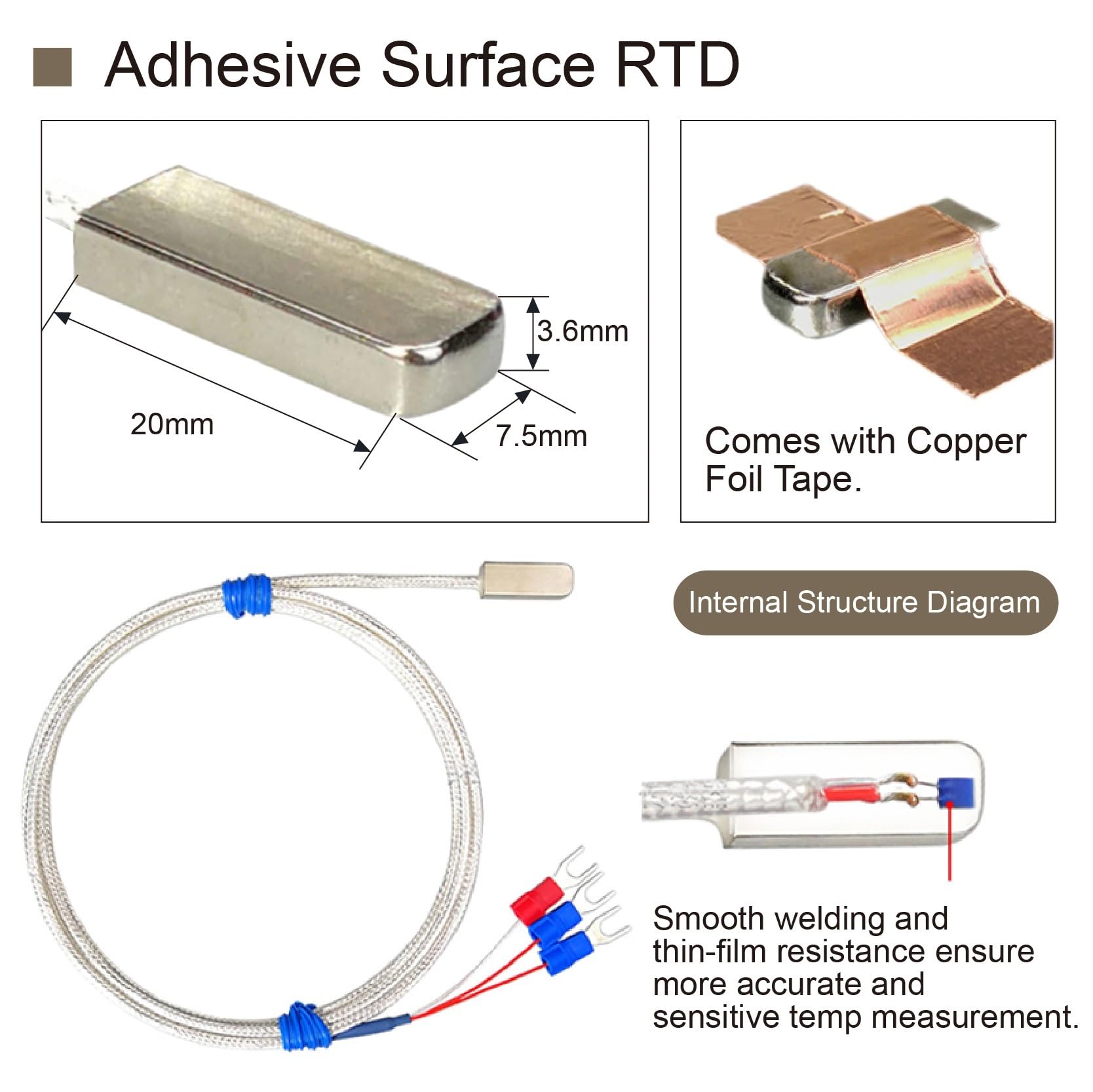 Sensor de Temperatura de Superficie PT100, sonda de Temperatura Adhesiva, Sensor Adhesivo de Alta Temperatura con Cinta 3M(A-2m)