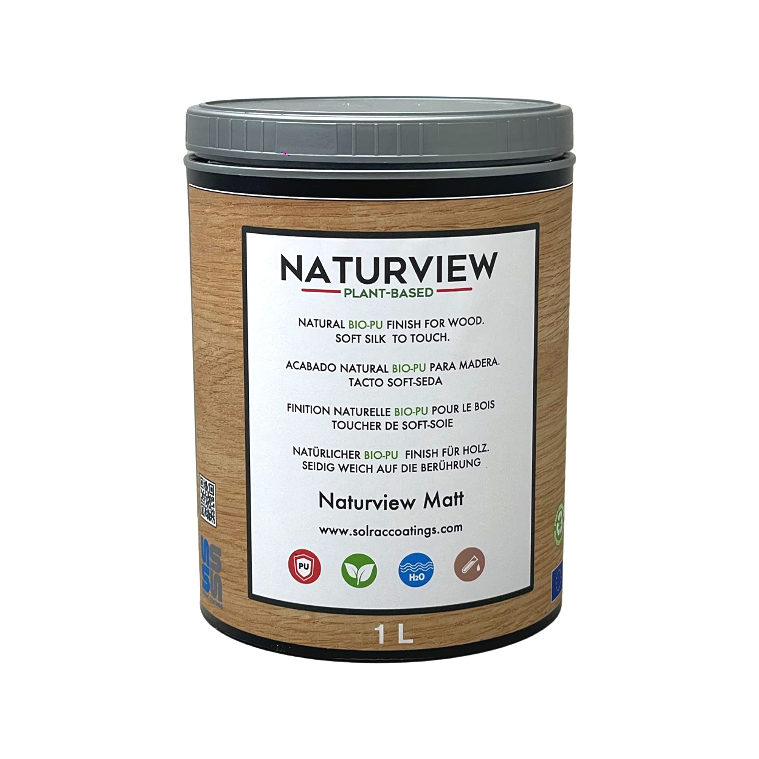 NATURVIEW A12W101 - Barniz Para Madera Poliuretano BIO al Agua. Interior. Tacto Soft-Seda. (Mate, 1L)