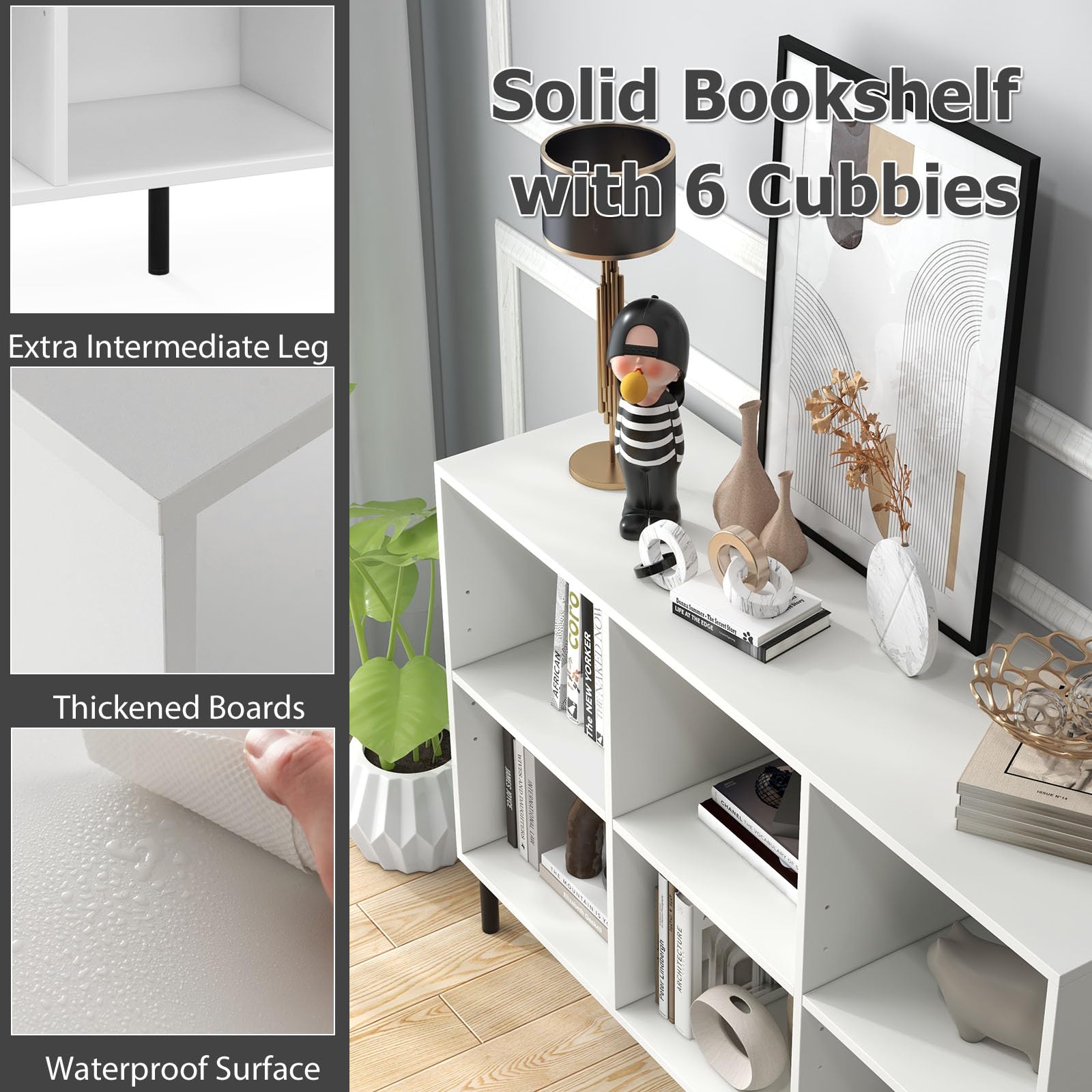 HOMASIS Librería de 6 Cubos, Estantería Baja con Estante Ajustable, Librería Ahorra Espacio de Tierra de 2 Niveles de Madera, Divisor para salón, Estudio, 120 x 35 x 79,5 cm (Blanco)