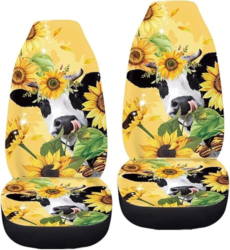 Miniatura 3 de Drydeepin Juego de 2 fundas de asiento delantero de automóvil con estampado de vaca de girasol amarillo, ajuste universal para la mayoría de