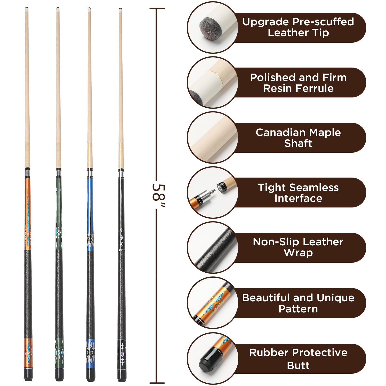 Billard Queue 18 19 20 21 oz, 58" Pool Queue Sticks 13mm Spitzen für Professionelle Billardspieler, 1/2 Queue Sticks für Billard Tisch Sport für Bar Haus Pool Tisch Sport 8/9 Ball