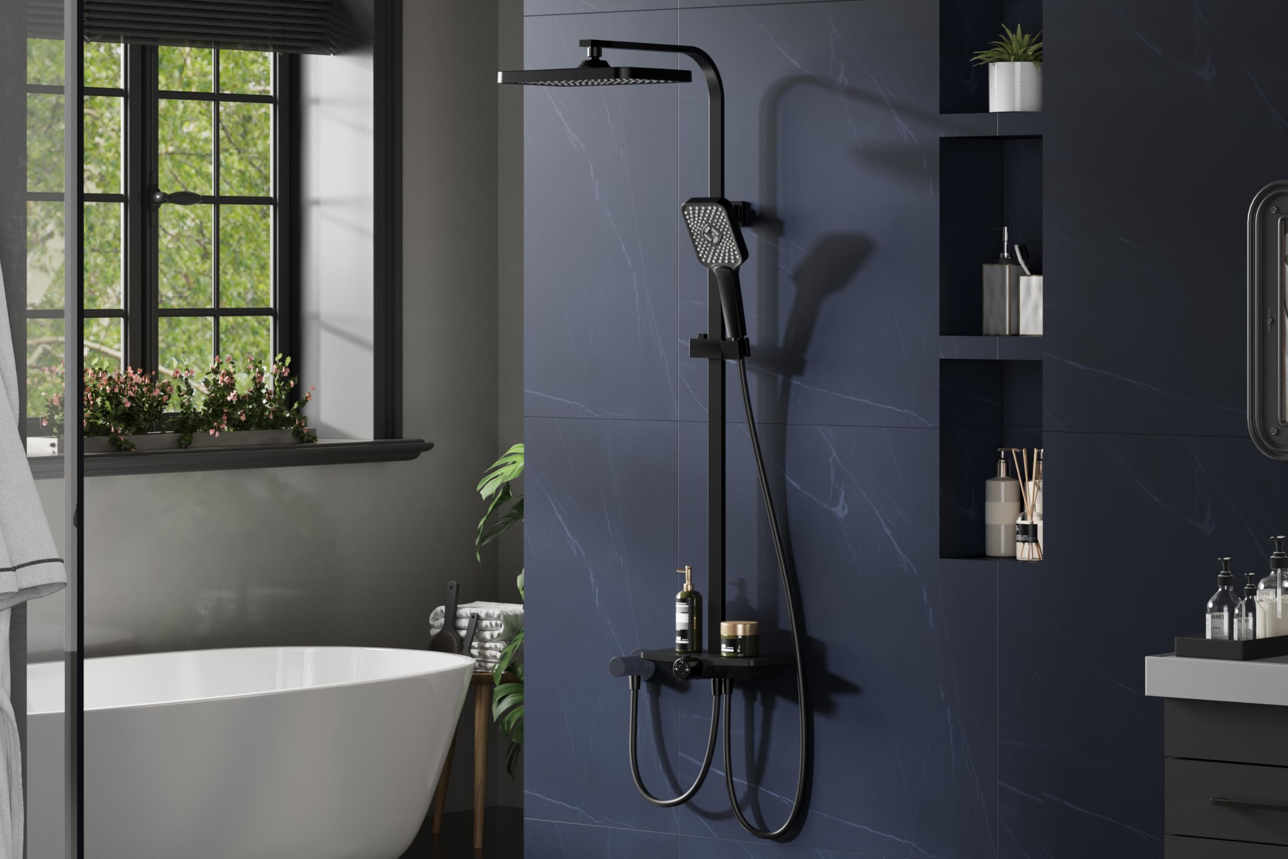 mecanismo de ducha lluvia en acero inoxidable sin grifería – Repisa incluida – Columna ajustable – Cabezal amplio rectangular 30x20 cm –Negro – Tubo cuadrado