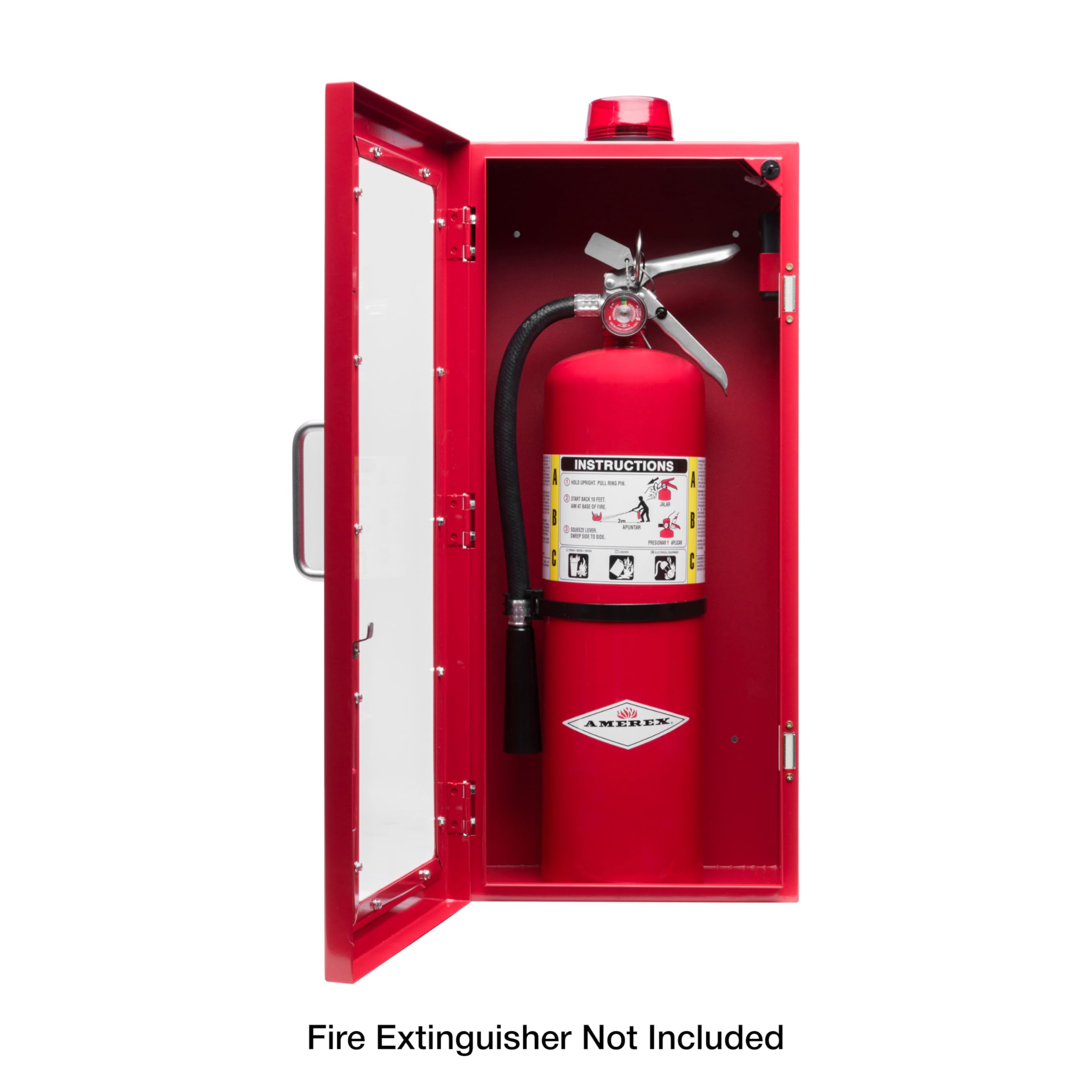Extintor de 5 libras con alarma, cerradura y ventana acrílica rompible | Montaje en pared o superficie | Se adapta a extintores de hasta 5 libras | Instrucciones de seguridad contra incendios