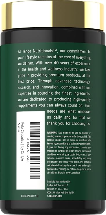 Tahoe Nutritionals Kelp Supplement | 180 Capsules | with Green Tea Extract | Non-GMO & Gluten Free