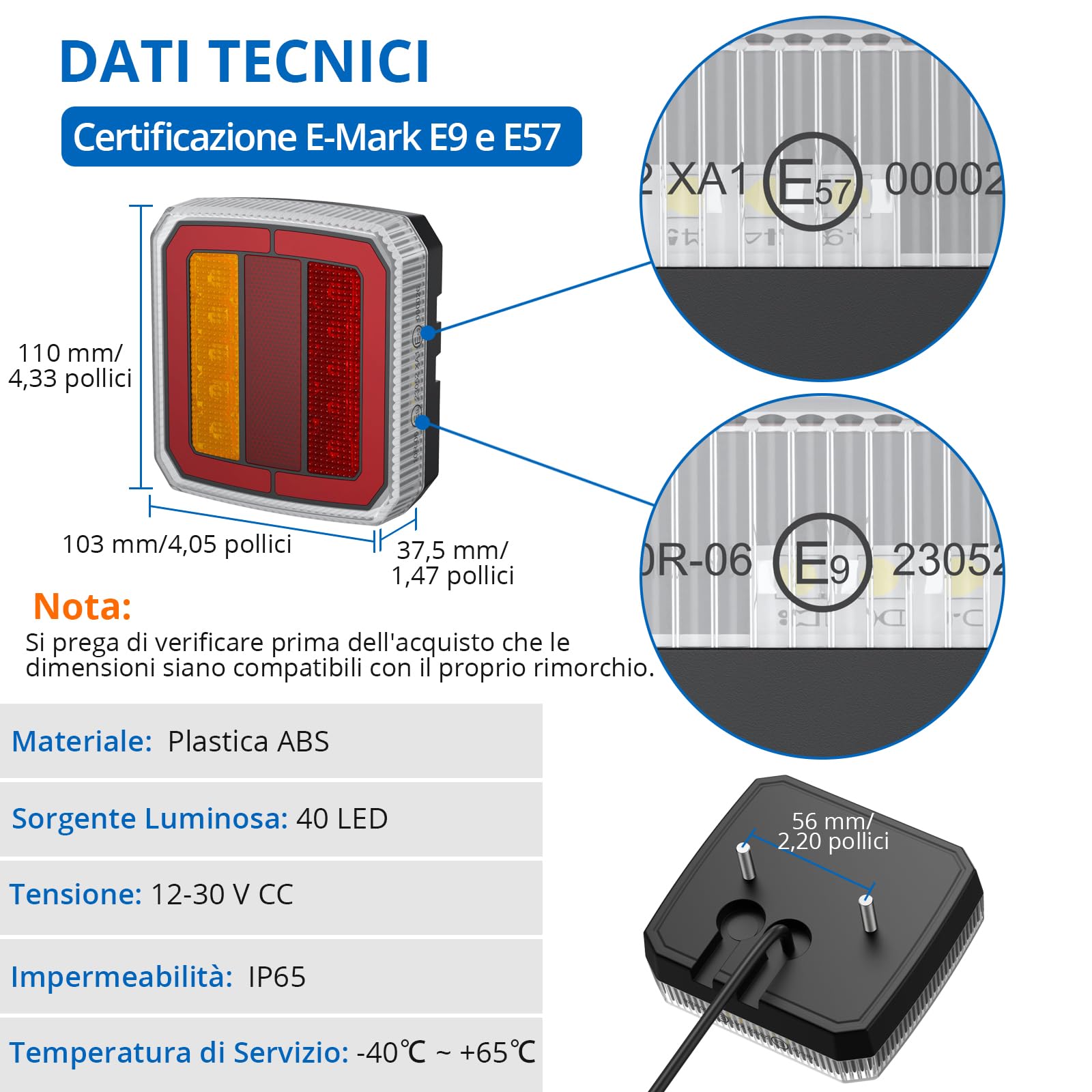 Kit di 2 Fanali Posteriori a LED per Rimorchio Impermeabili IP65, Luci Posteriori per Rimorchio e Roulotte a 12V-30V, Omologate E-Mark E9&E57, con Funzioni Freno, Direzione, Posizione e Targa