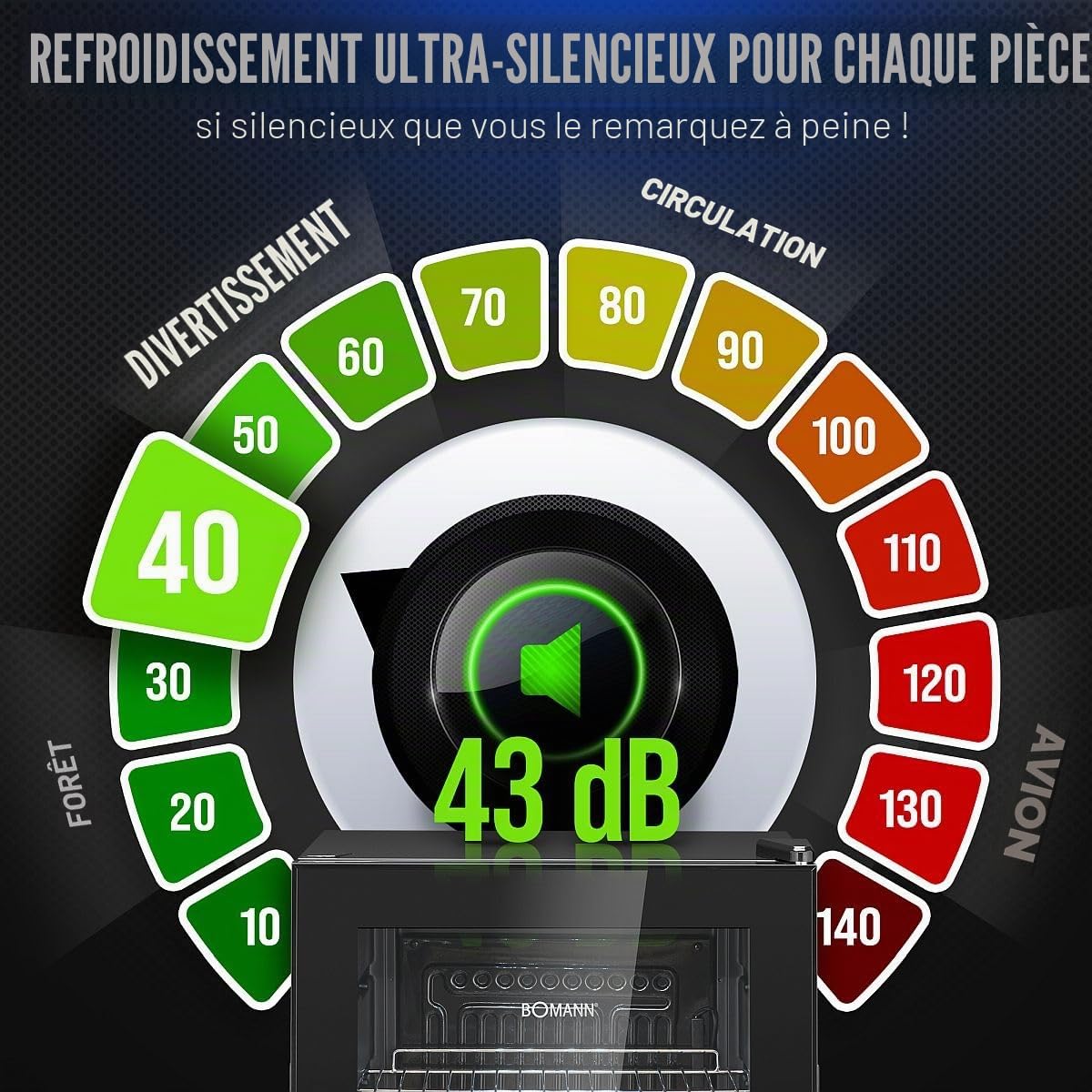 Bomann Réfrigérateur à Boissons 63 L KSG 7287, Éclairage LED, Noir | éclairage LED, contrôle température +3 à +10 °C, 4 étagères chromées, porte double vitrage, pieds réglables