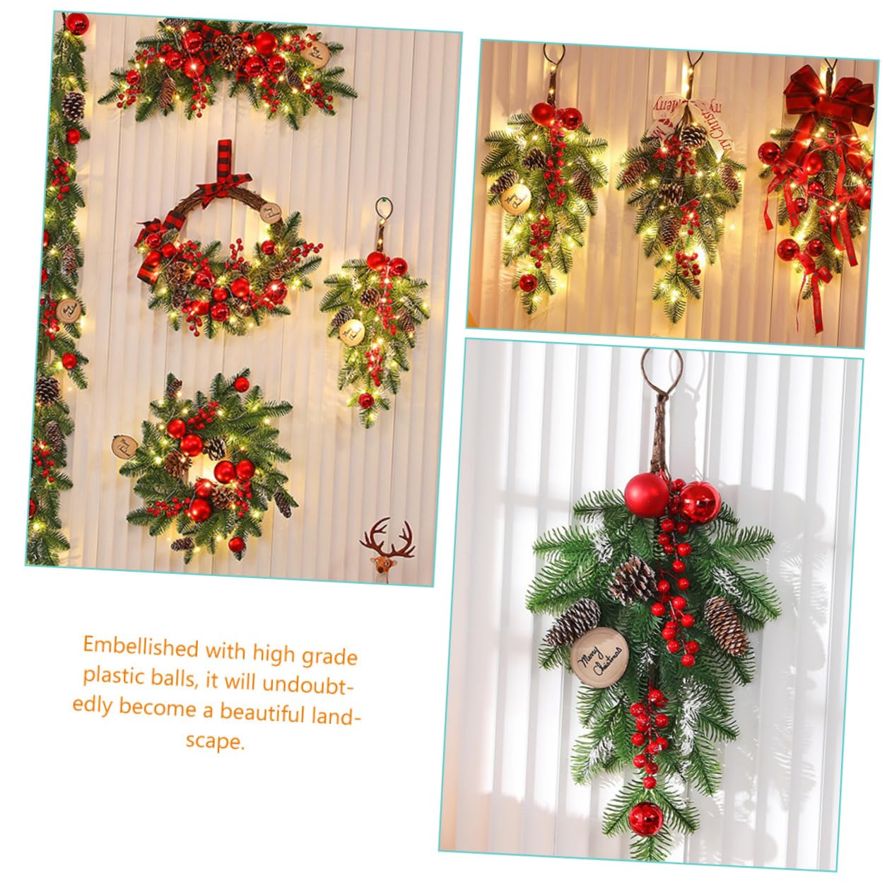 Anneome Christmas Hanging Xmas Ornament for Door Stair Railing Premium Faux Wreath Natural Stems Holiday Home Office Decoration