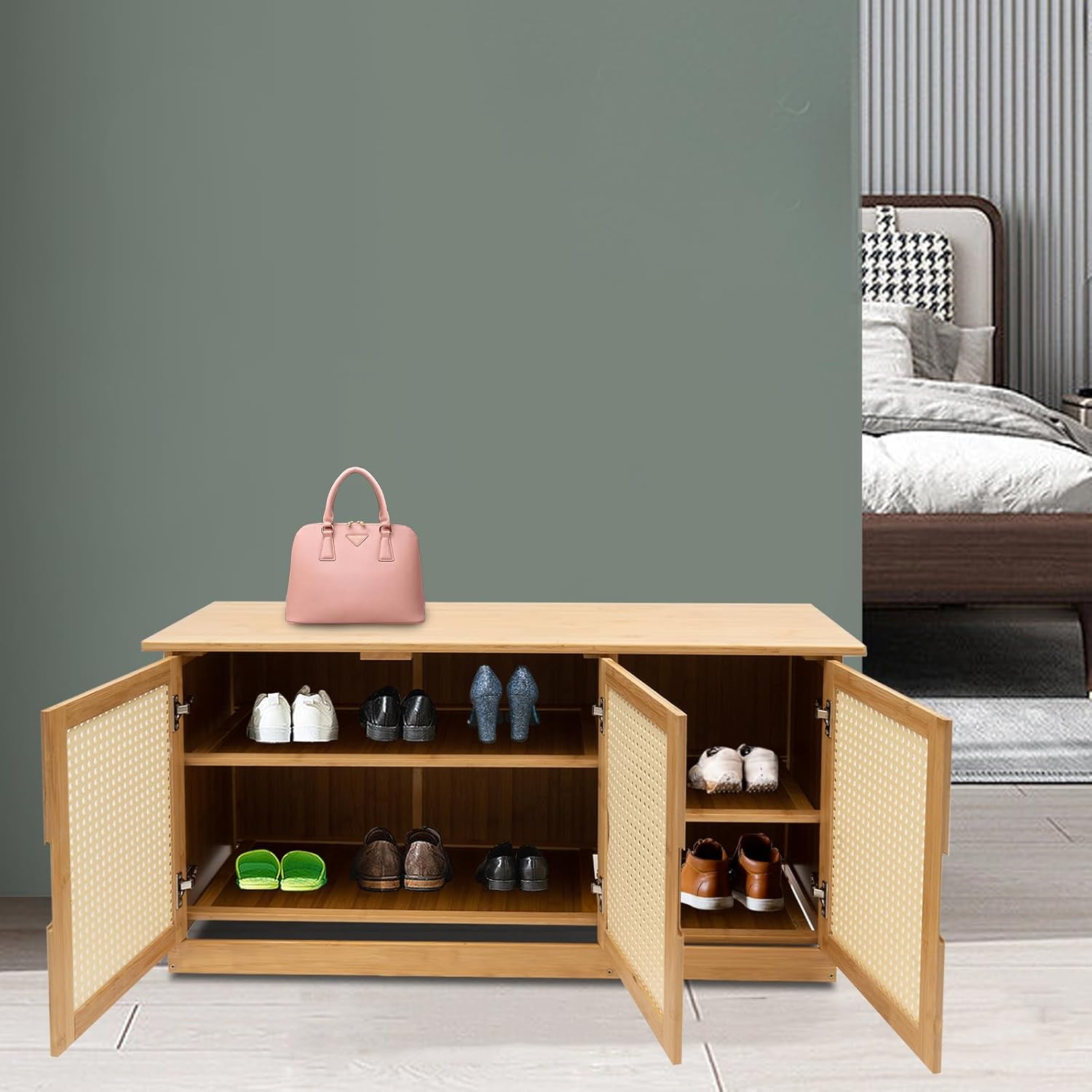 Shoe Storage Bench 100x32x47cm with Plastic Rattan Doors, 2-Tier Adjustable Shoe Rack Organizer for Entryway Bedroom Hallway, Flip Top Entry Bench Holds 8-10 Pairs, Space Saving Shoe Cabinet Stool