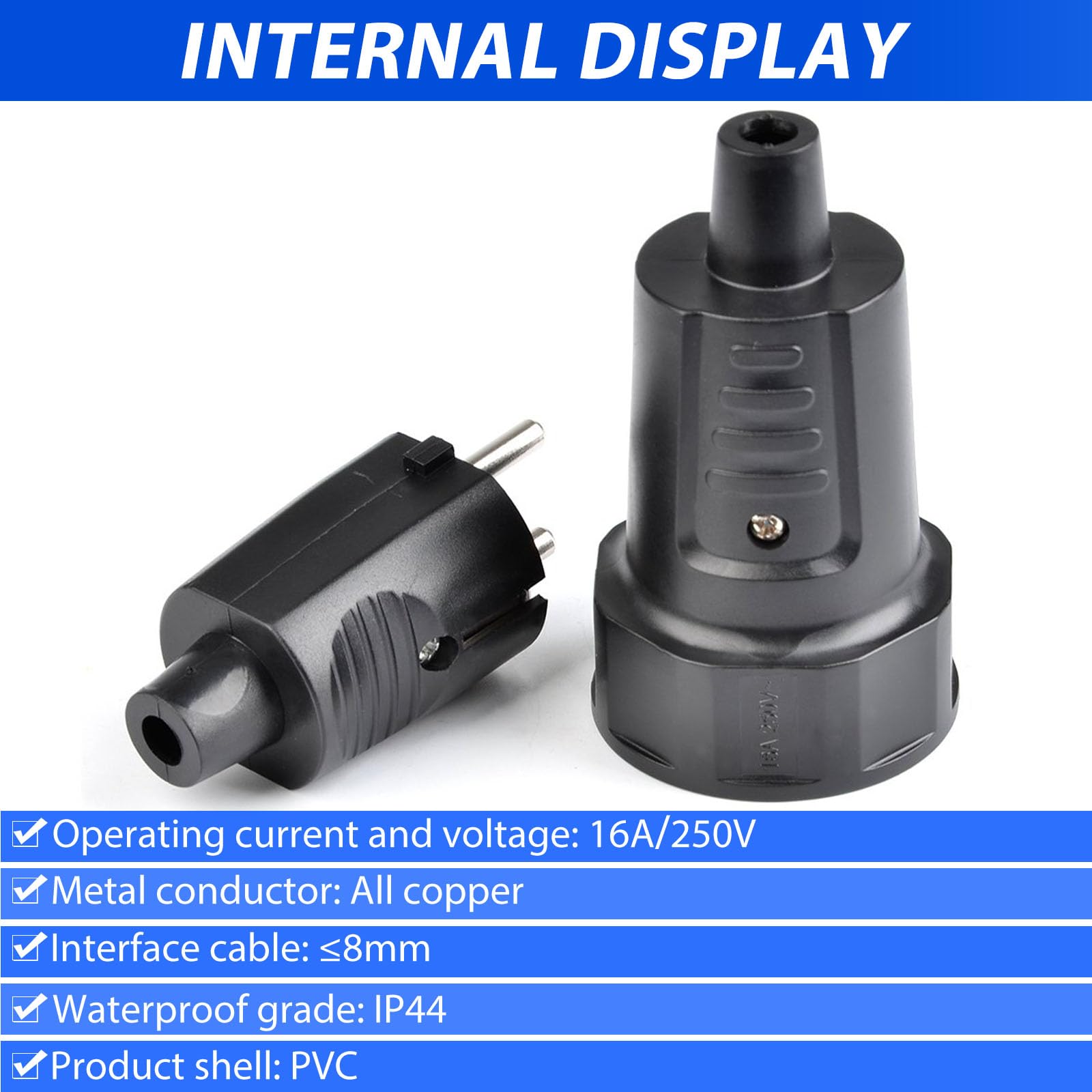 2 coppie spine e giunti 250V 16A IP44 Set di giunti spina Schuko con protezione antipiega Giunto spina Schuko a 2 poli Spina di sicurezza in gomma nera per esterni impermeabile