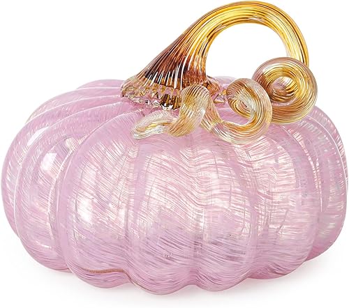 LONGWIN Figuras de calabaza rosa de cristal soplado a mano, 5.2 x 3.7 pulgadas, calabaza falsa de cristal, decoración del hogar, figura