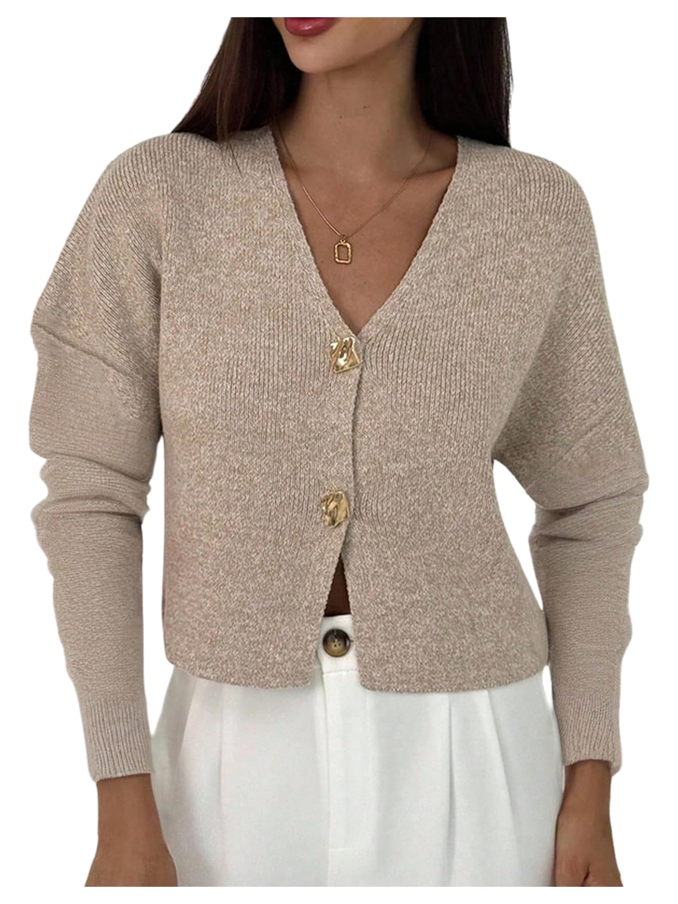Milumia Womens Metal Button Up Cropped Sweater V Neck Long Sleeve Dressy Casual Tops