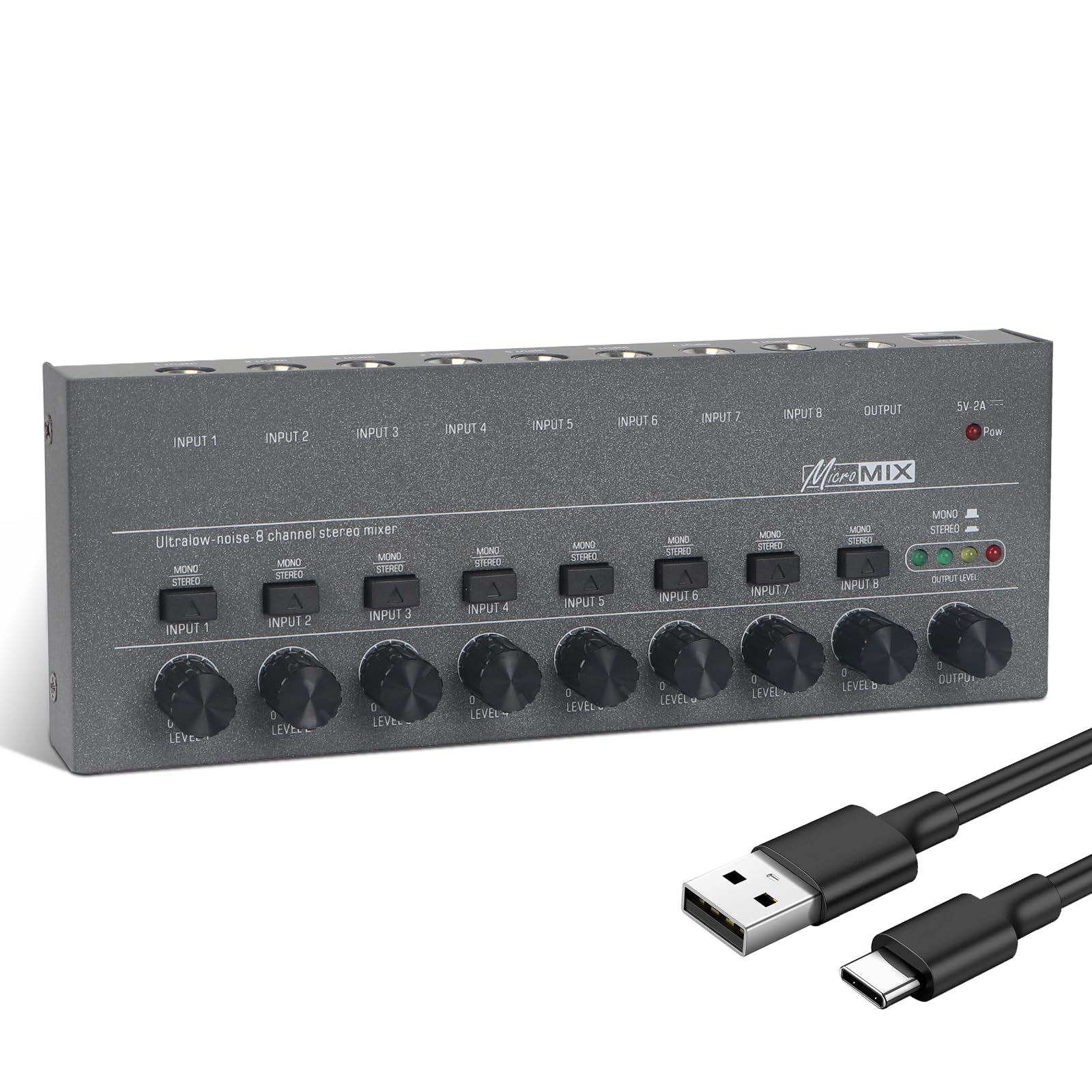 Horse Audio Mixer Line Mixer, 8-Channel Stereo Line Mixer for Sub-Mixing, Ultra Low Noise Operation, for Guitar, Microphone, Bass, Digital Keyboard, Suitable for Bar and Small Club, Gray