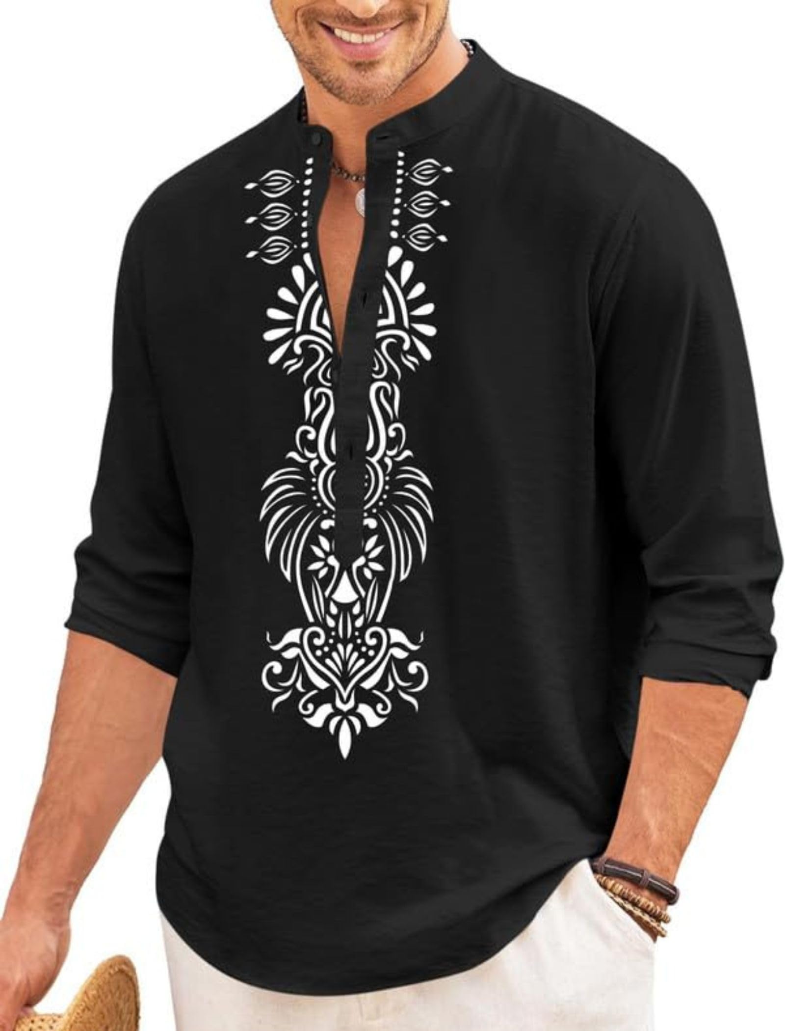 finivo fashion Men’s Cotton Blend Short Kurta with Bold Printed Front Design | Full Sleeve Ethnic Casual Kurta with Mandarin Collar | Artistic Festival & Travel Wear for Modern Ethnic Style-picture-30