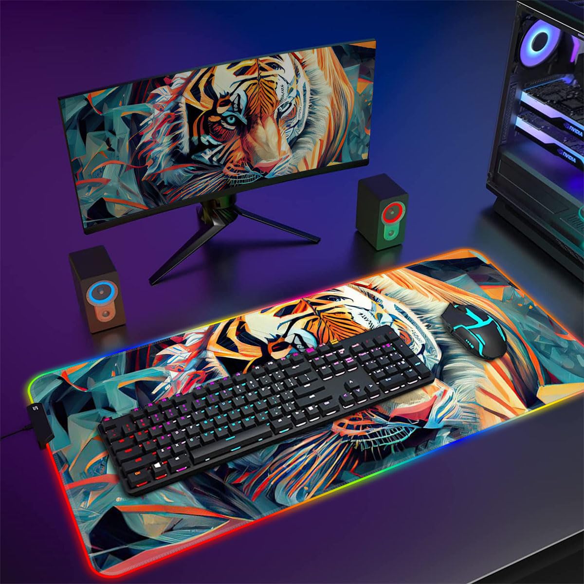 HEYCE Tappetino per mouse grande con scritta "The powerful Tiger ROG Extended Large LED Gaming Mouse Mat con bordi cuciti (60 x 35 x 0,3) cm, accessorio per scrivania per PC e ufficio