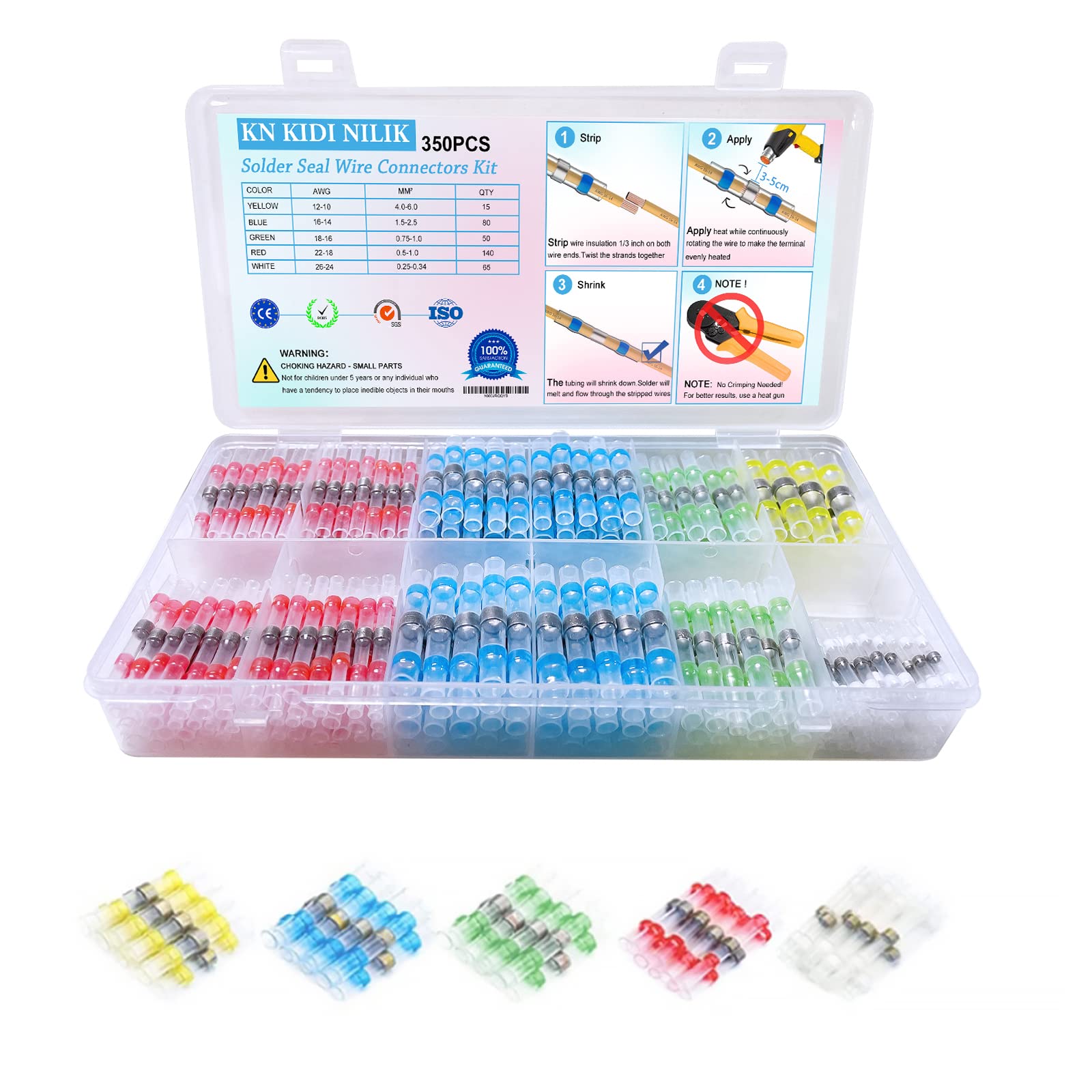 350PCS Solder Seal Wire Connectors 5 Sizes Heat Shrink Solder Butt Connectors, Waterproof Seal Electrical Butt Splice Wire for Home Wiring Automobiles and Boats