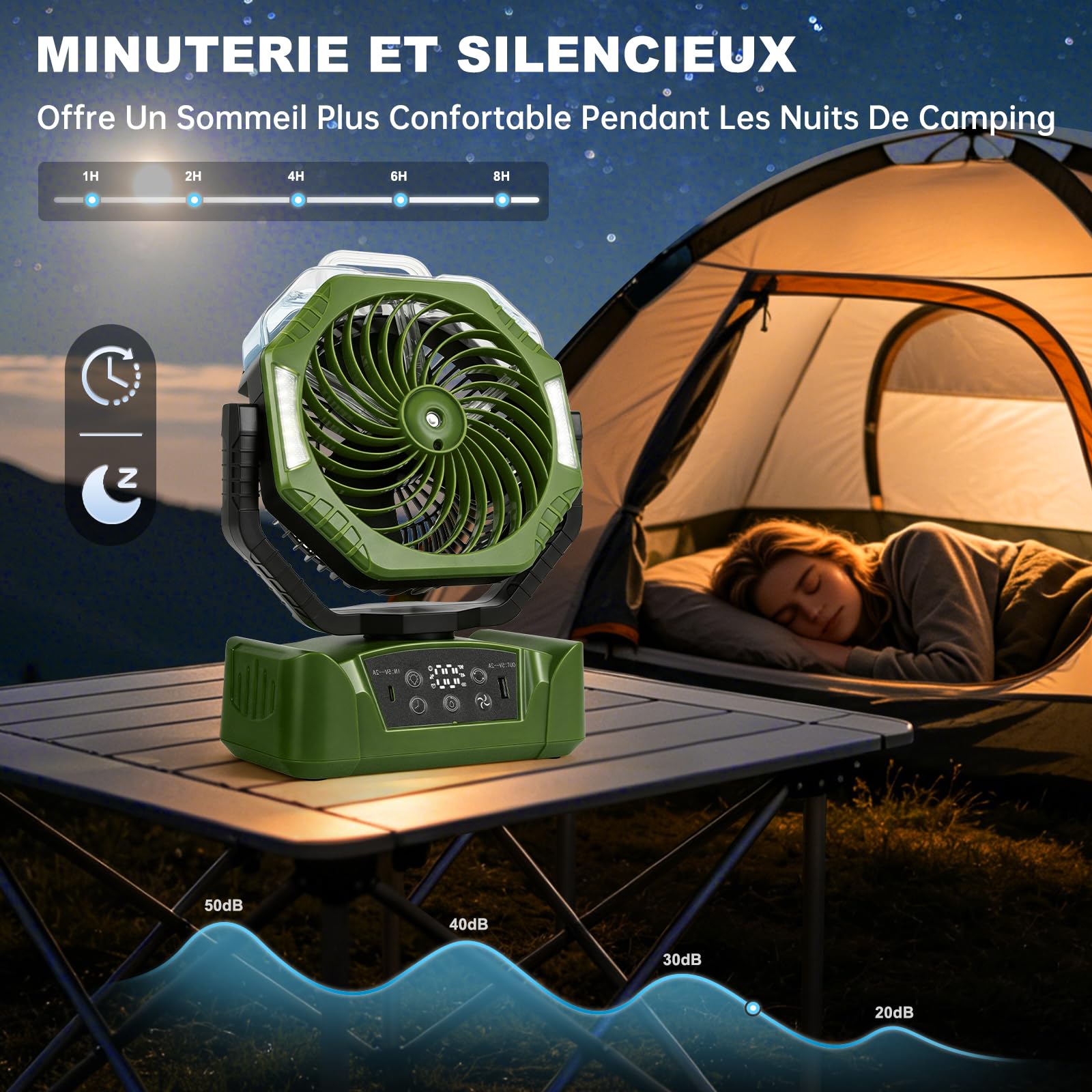 JONRRYIN Ventilateur Camping, Ventilateur Batterie Rechargeable 20000mAh avec Brumisateur, Ventilateur Portable Silencieux avec Lumière, 6 Vitesses & Rotation 270° pour Outdoor & Maison (Vert)