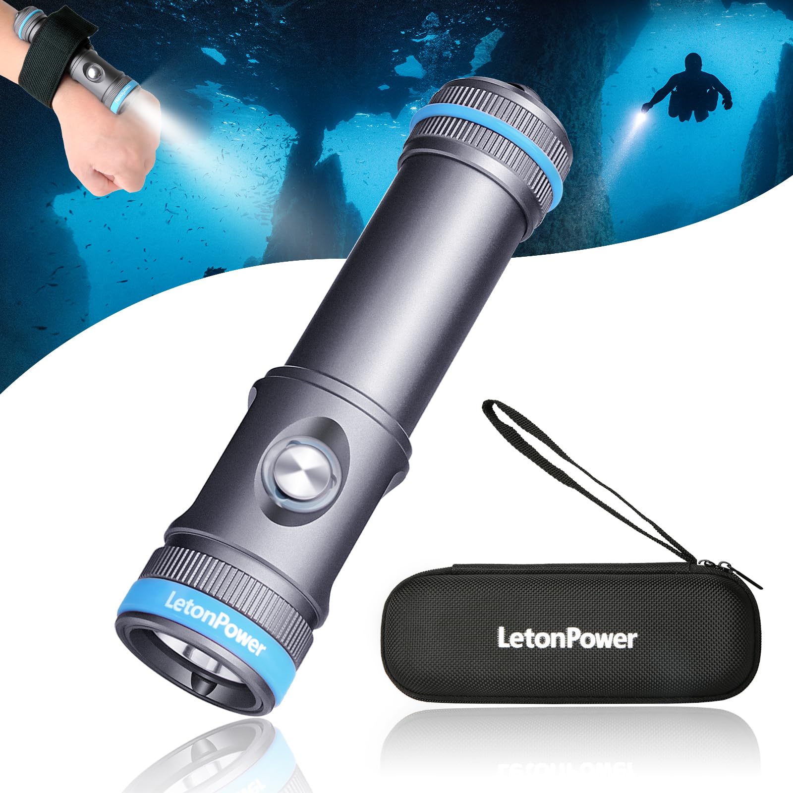 Torcia Subacquea 2200 Lumen, 8° Spot, IP68 100m, Ricarica USB-C, Grigio