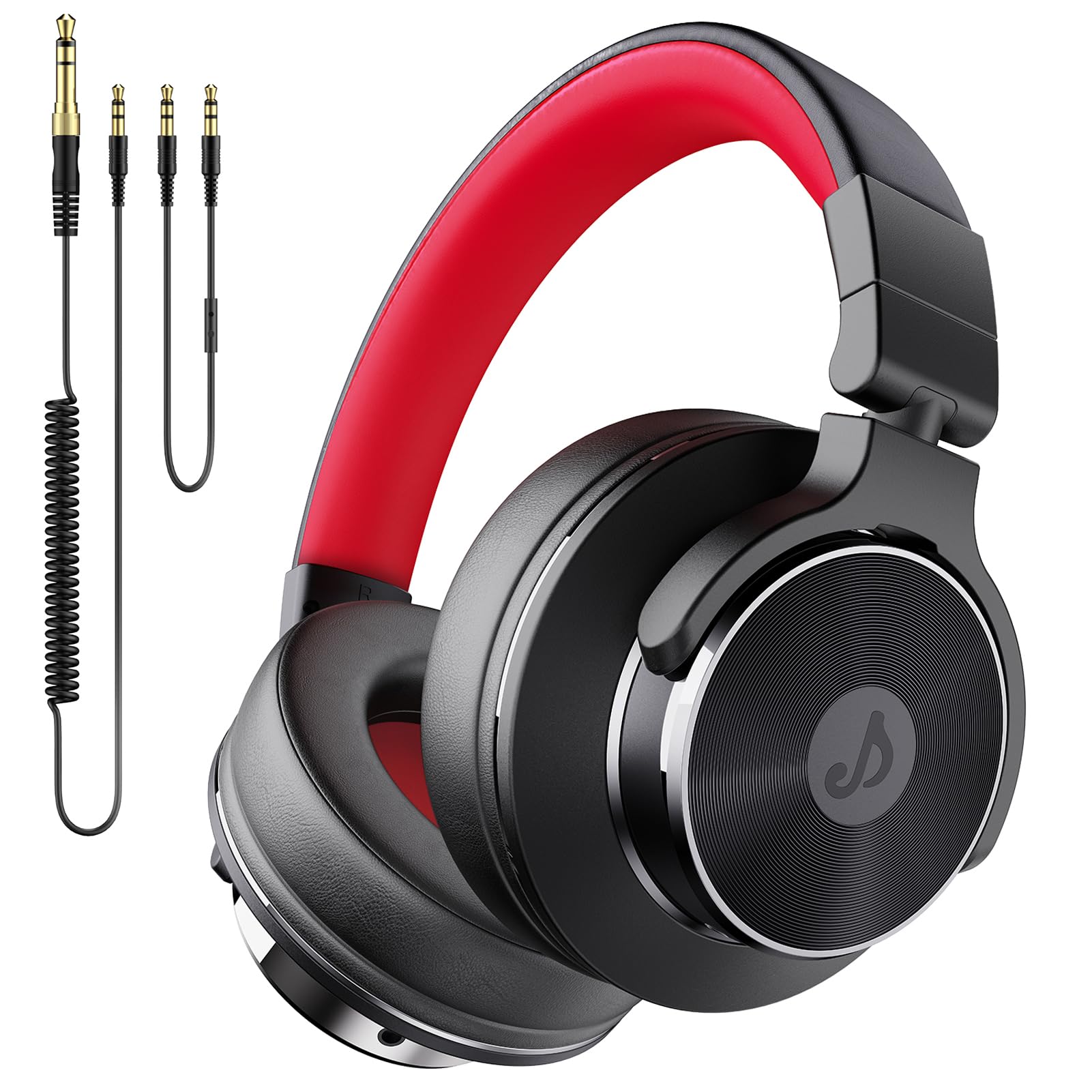 Rumoon Wired Over Ear Headphones, Studio Monitor & Mixing DJ Headphones with 50mm Neodymium Drivers and 1/4 to 3.5mm Jack for Guitar AMP Podcast Piano Keyboard (Black-Red)
