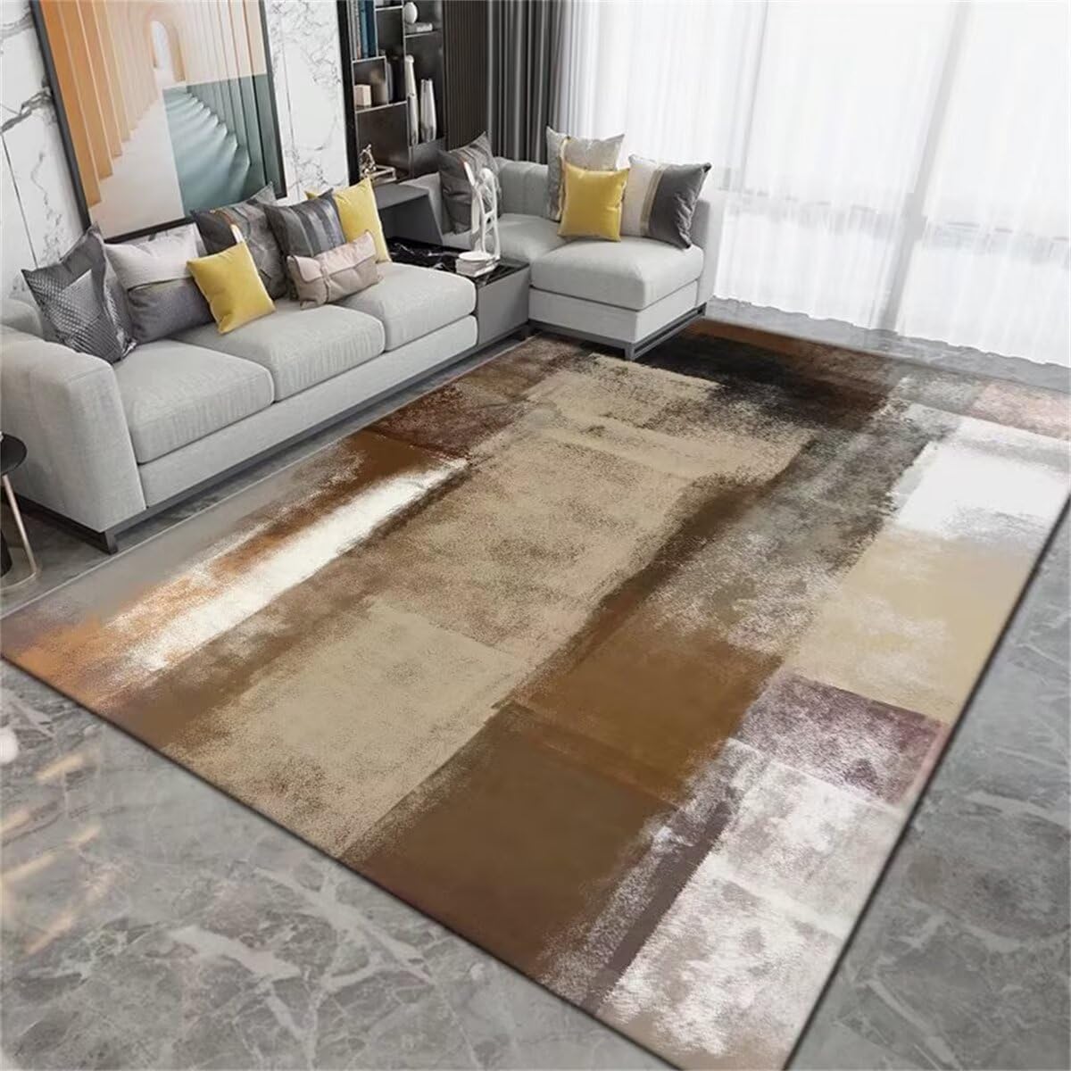 Tapis de chambre abstrait 140x200cm marron pour grand couloir et salon moderne