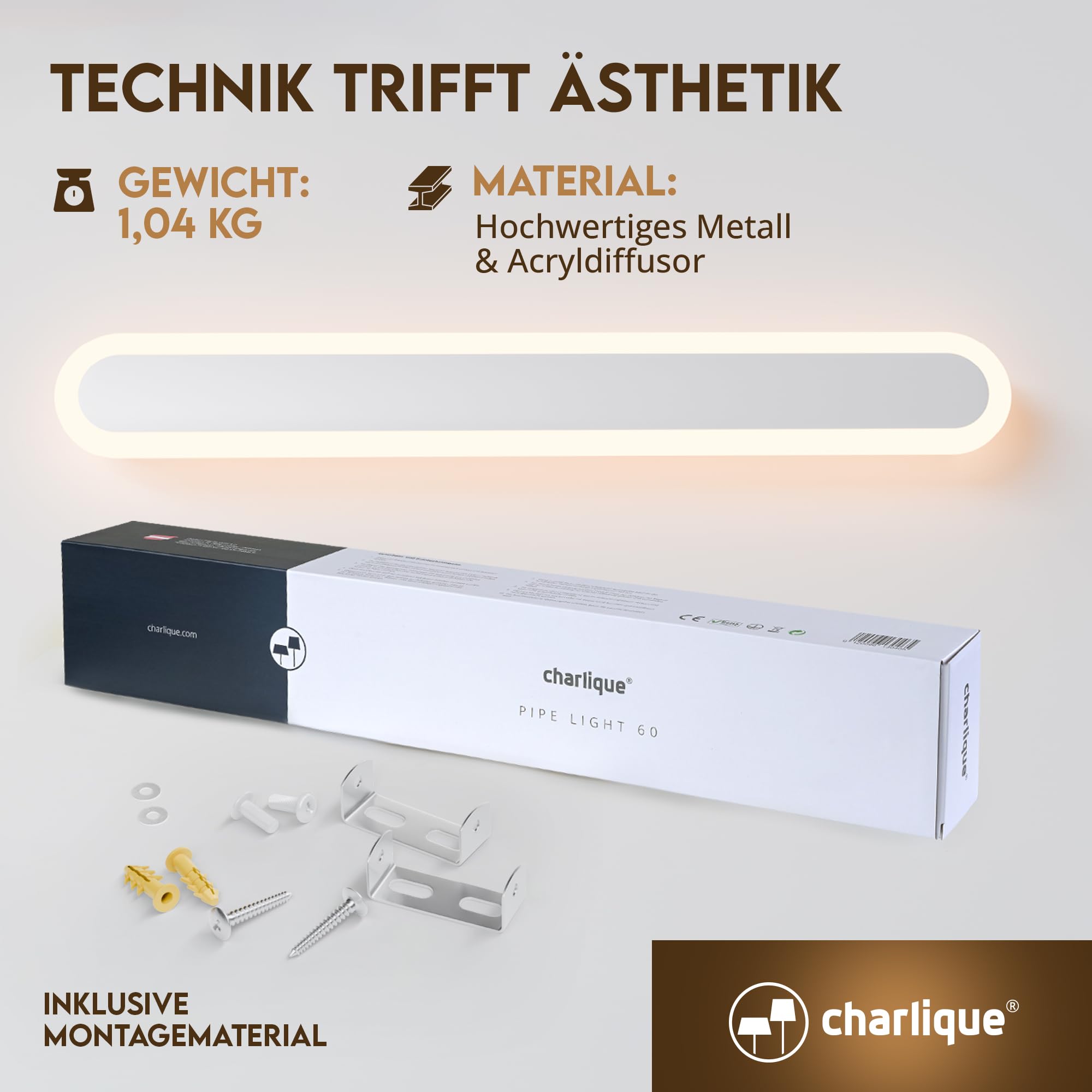 Aplique de pared LED para interiores - Pipe Light 60 cm, blanco, lámpara de pared delgada, lámpara de espejo para baño, iluminación de pared universal para baño, dormitorio, salón …