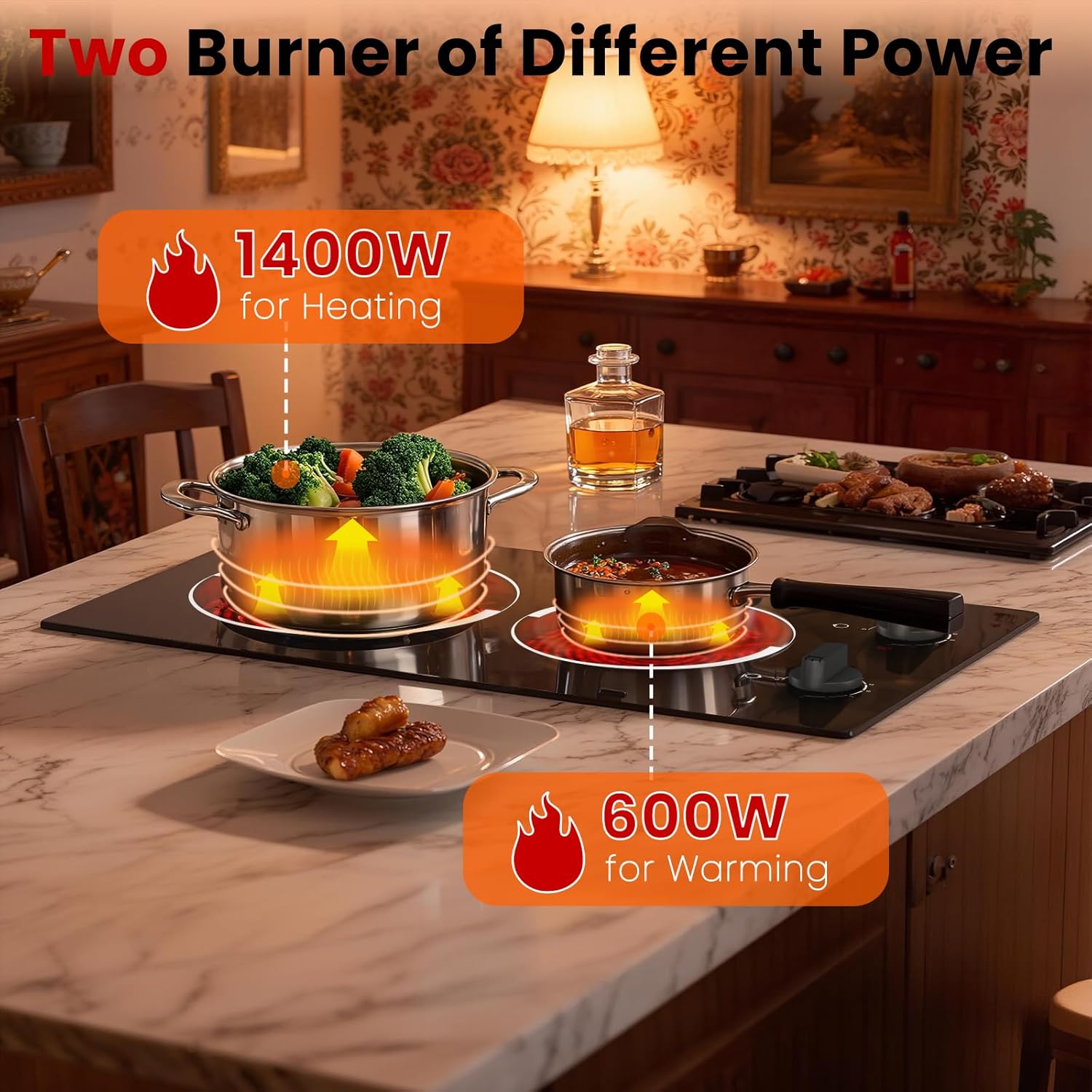 2 Burner Electric Cooktop - 12 Inch Plug in Portable 110V Electric Cook Top Two Burner, Built-in & Countertop Ceramic Stove Top with Knob Control, 9 Power Levels and Overheat Protection