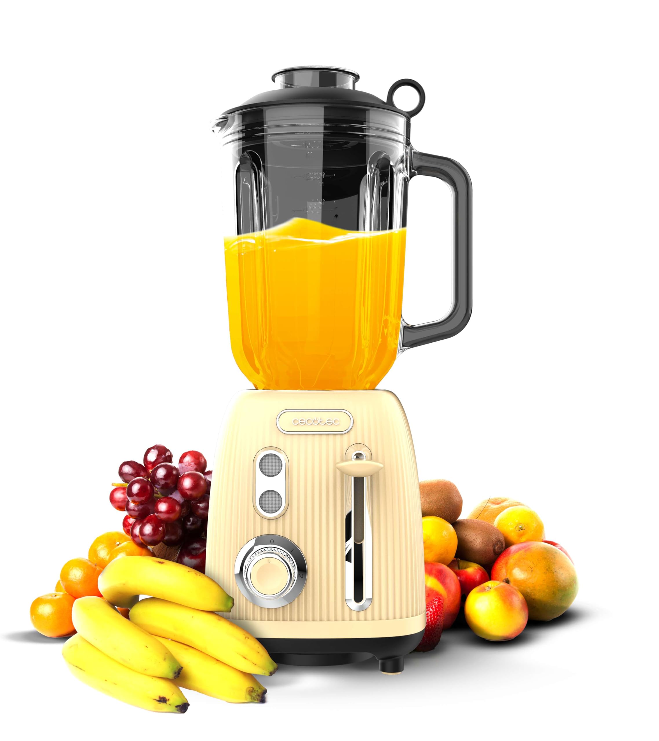 Cecotec Batidora de Vaso Power Black Titanium RetroYellow. 1200W, jarra de 1.5L, 2 velocidades, función Pulse, cuchillas de titanio, motor copper, diseño retro y eficiente.