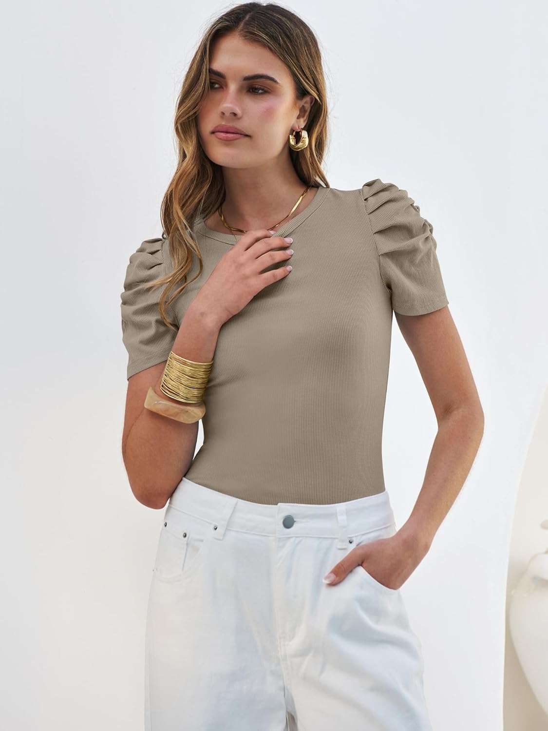 ANRABESS Women Puff Short Sleeve Crewneck Dressy Casual Tops Summer Fitted Ribbed Knit Trendy Work Shirts 2026 Spring Clothes - Image 7