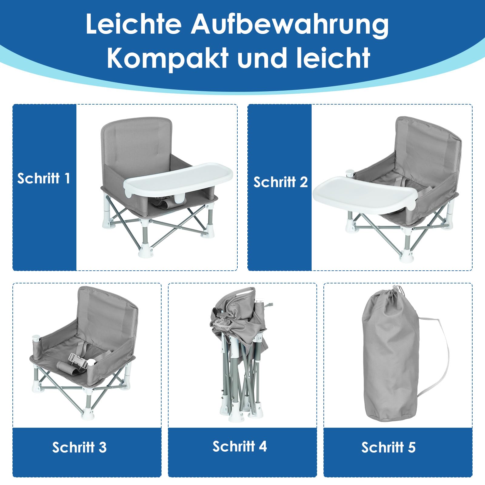 Tragbare Sitzerhöhung mit Futterschale für Babys Booster Stuhl für 6 Monate bis 3 Jahre Kompakter Faltbarer Sitzerhöhung Babystuhl Reisestuhl