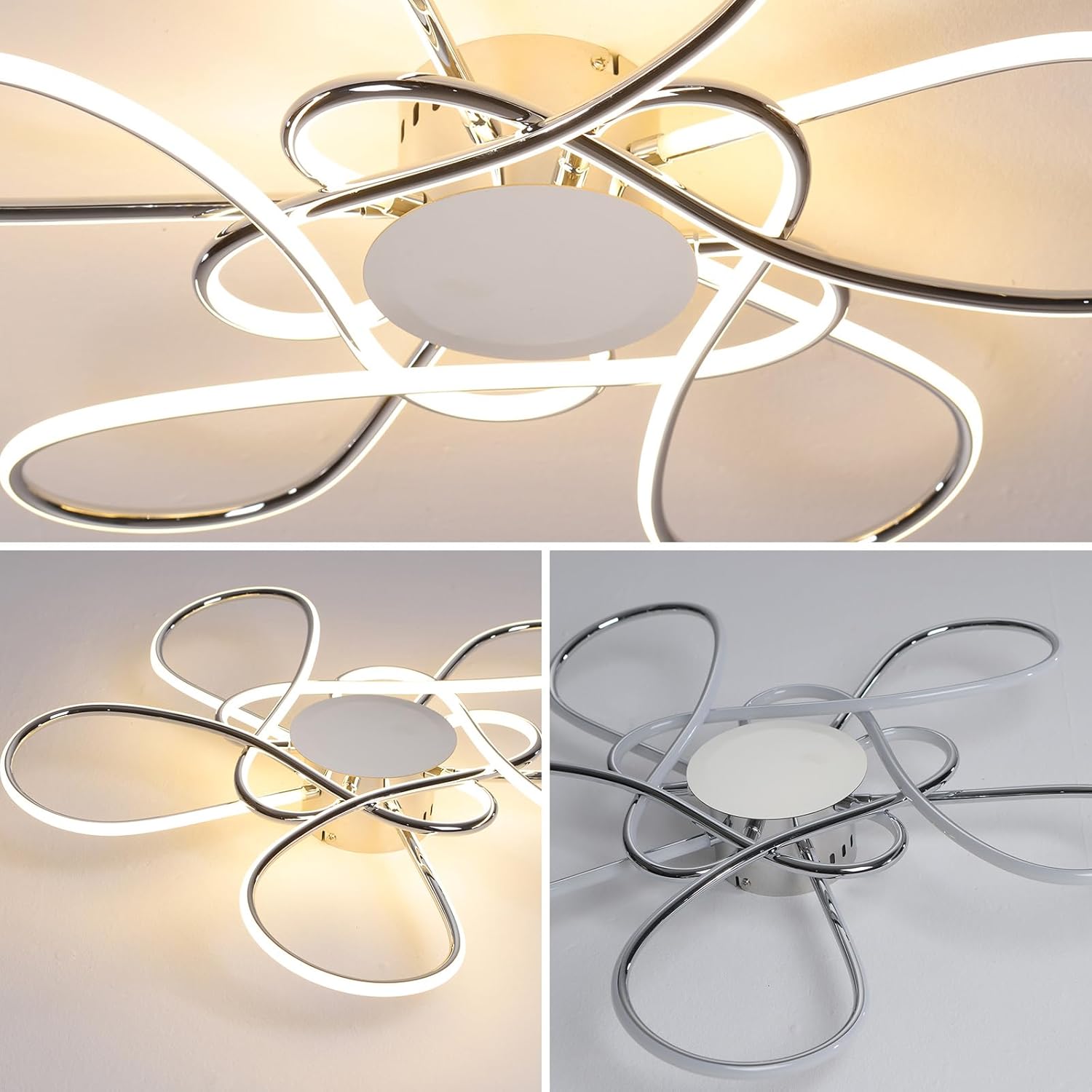 38.58" LED Dimmable Chandelier 115W 6900lm Brightness Adjusted with Remote Control for Living Room Dining Room Bedroom (Chrome-JSFH022-S)