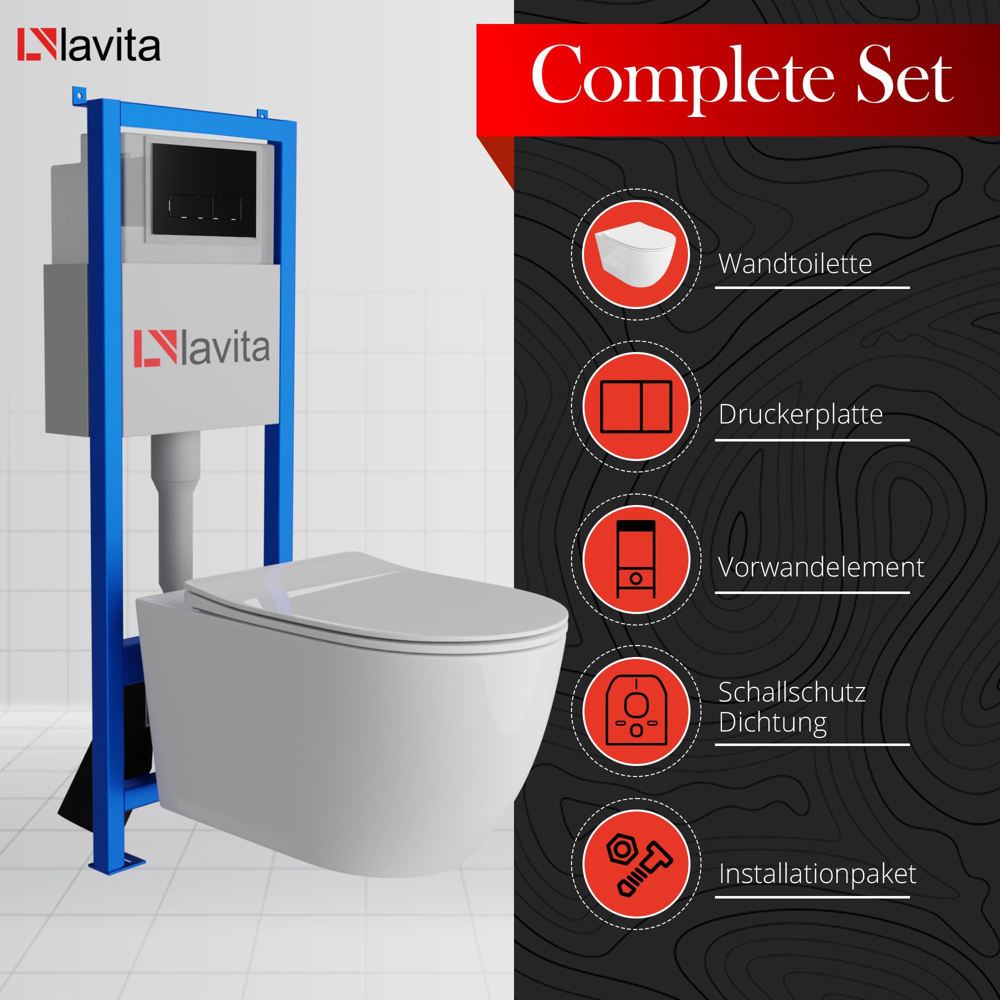 lavita Lavita LAV 101 elemento de pared para inodoro 40 cm + inodoro suspendido suspendido SINTO GRANDE blanco sin borde + panel de control LAV 200.3.4 negro | Conjunto completo | Cisterna empotrada