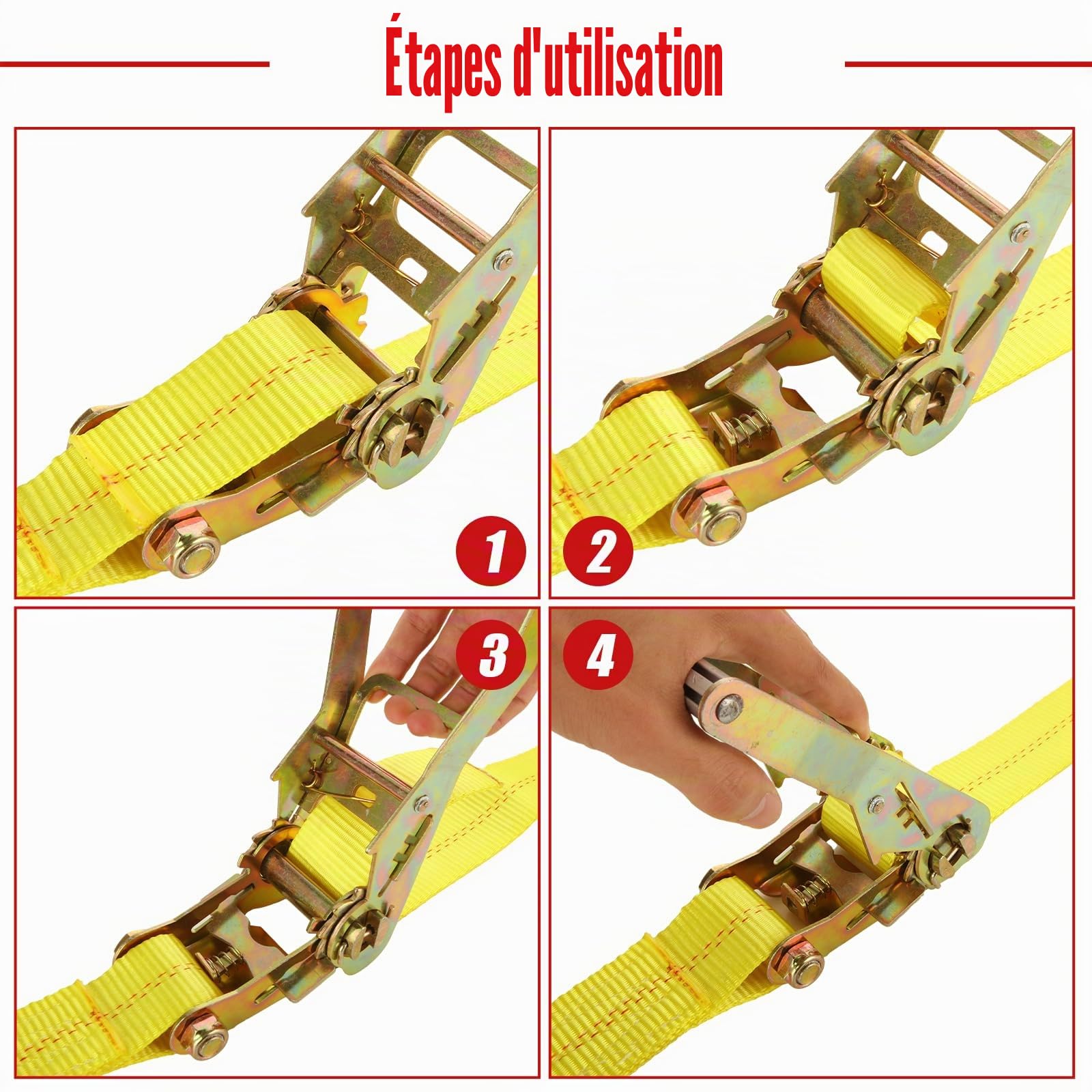 Lot de 4 sangles d'arrimage à cliquet et crochets, 5 m x 50 mm de large, en deux parties, charge lourde, 4000 kg, jaune, pour sécuriser le chargement, l'enlèvement des bagages et le camping