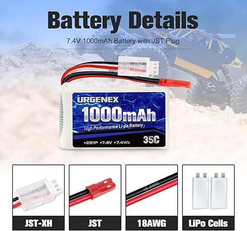 Miniatura 3 de URGENEX 2S Lipo Batería 7.4V 1000mAh 35C (Burst 70C) Batería recargable RC con enchufe JST compatible con WLtoys RC Cars A949 A959 A969 A979 K929 y