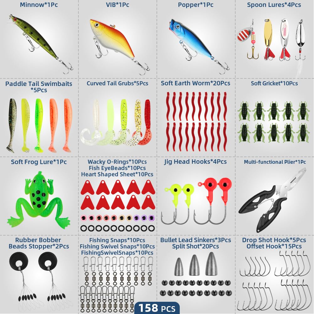 Vicloon Pesca Señuelos Accesorios Kit, Accesorios de Pesca, Set de Cebos, Incluido la Caja Tackle, Ganchos, Tijeras, Cebos, Popper, Grillos y Más